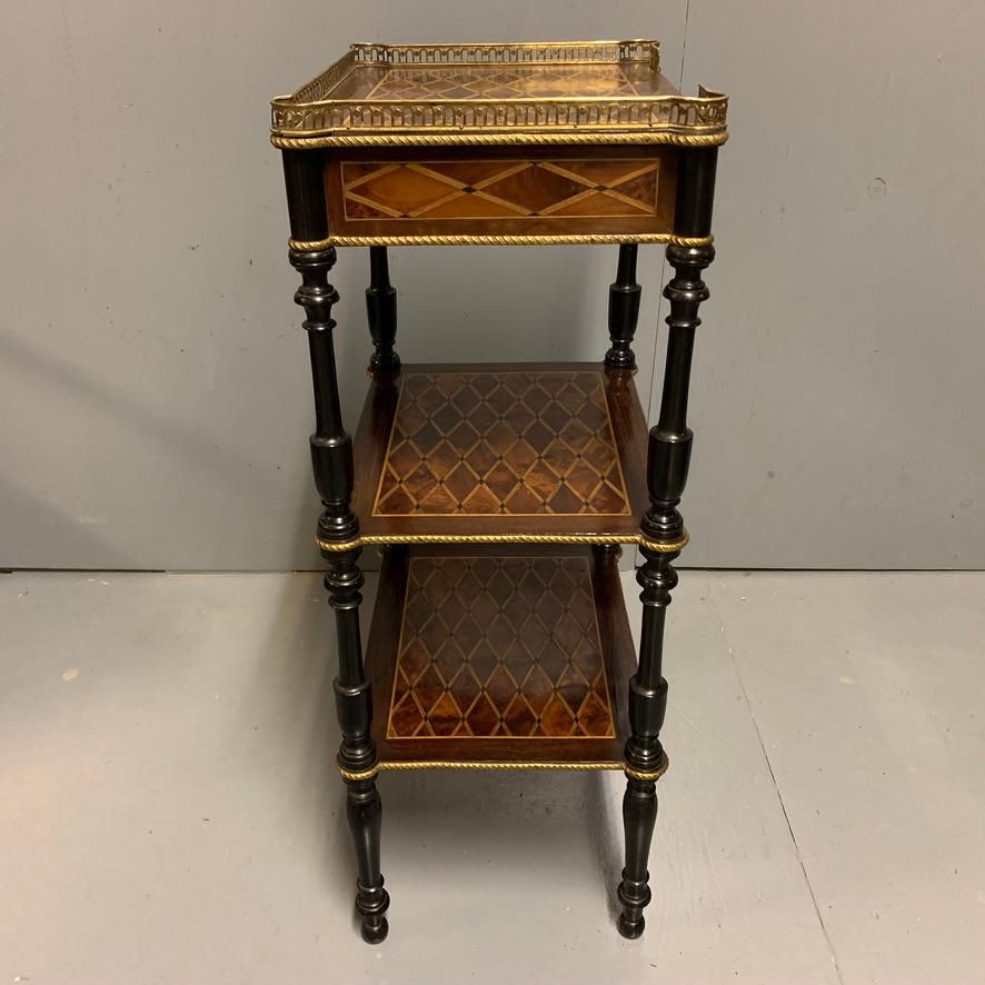 Early 20th Century Antique French Geometric Inlaid Burr Amboyna and Ebonized Etagere Side Table For Sale