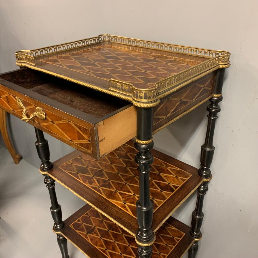 Brass Antique French Geometric Inlaid Burr Amboyna and Ebonized Etagere Side Table For Sale