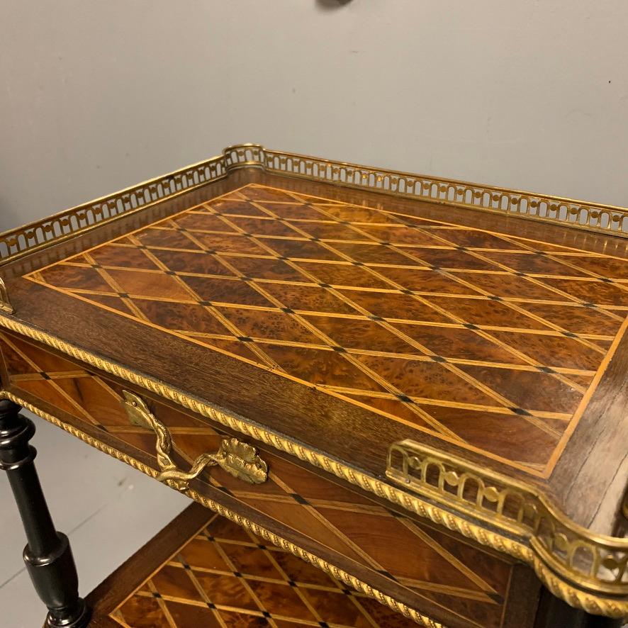 Antique French Geometric Inlaid Burr Amboyna and Ebonized Etagere Side Table For Sale 1
