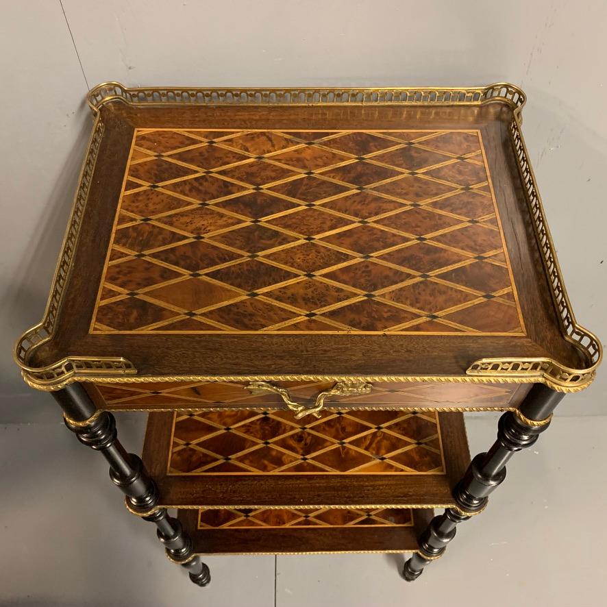 Antique French Geometric Inlaid Burr Amboyna and Ebonized Etagere Side Table For Sale 2
