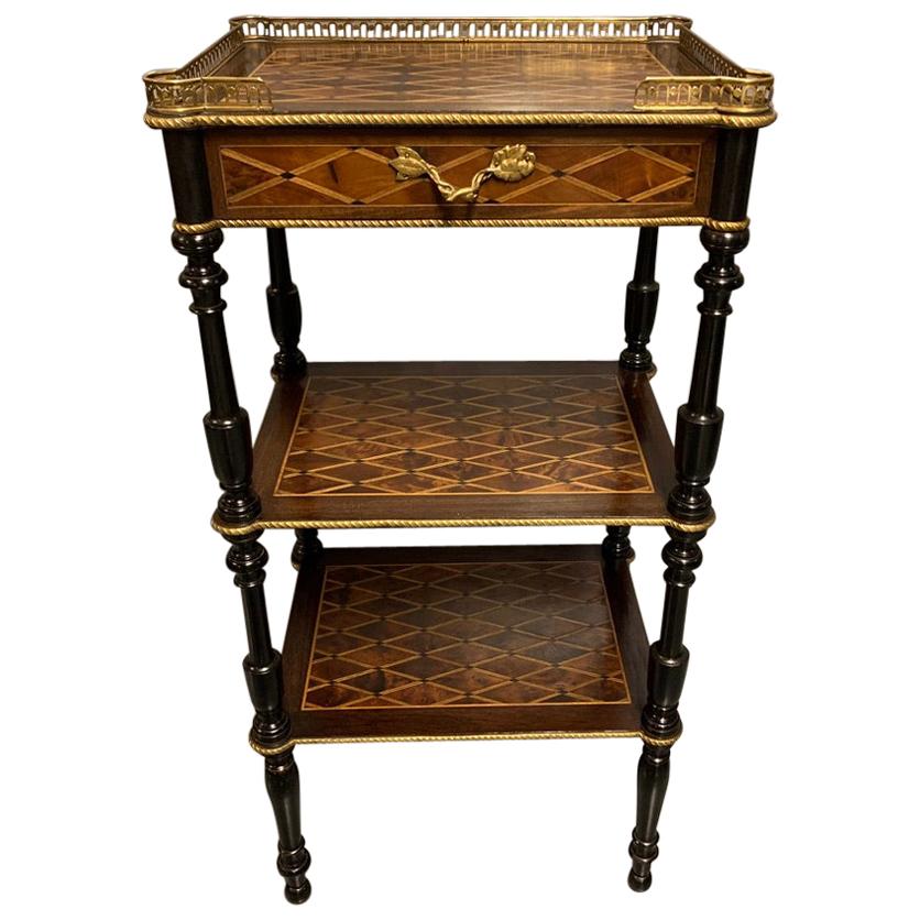 Antique French Geometric Inlaid Burr Amboyna and Ebonized Etagere Side Table For Sale