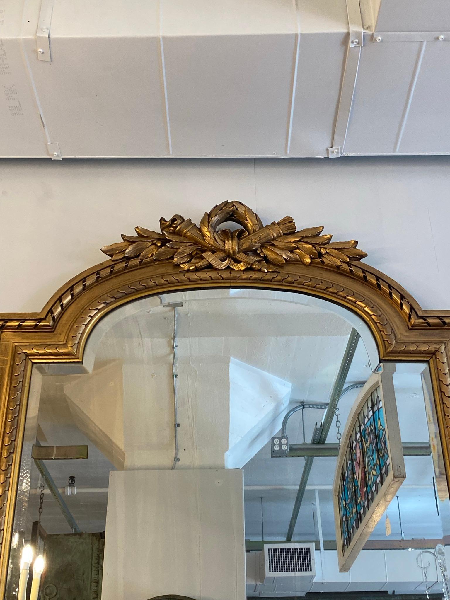 Antique French Gesso & Gilt Tall Wood Beveled Over Mantel Mirror 9