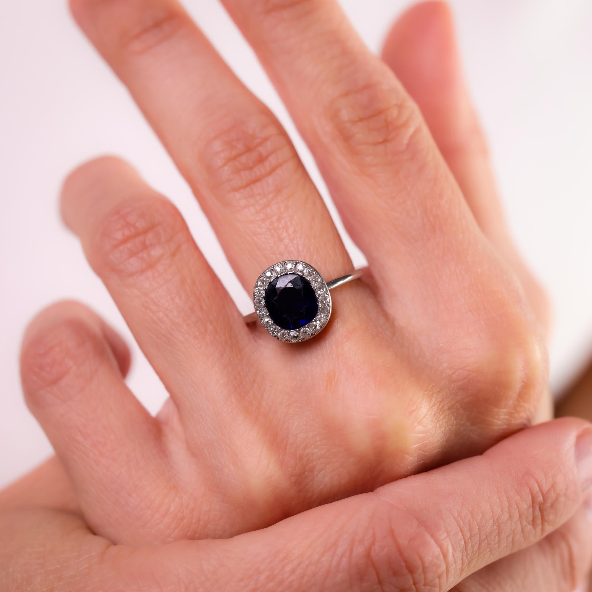 Antique French GIA 1,90 quilates sin calor zafiro diamante halo anillo de platino Corte único