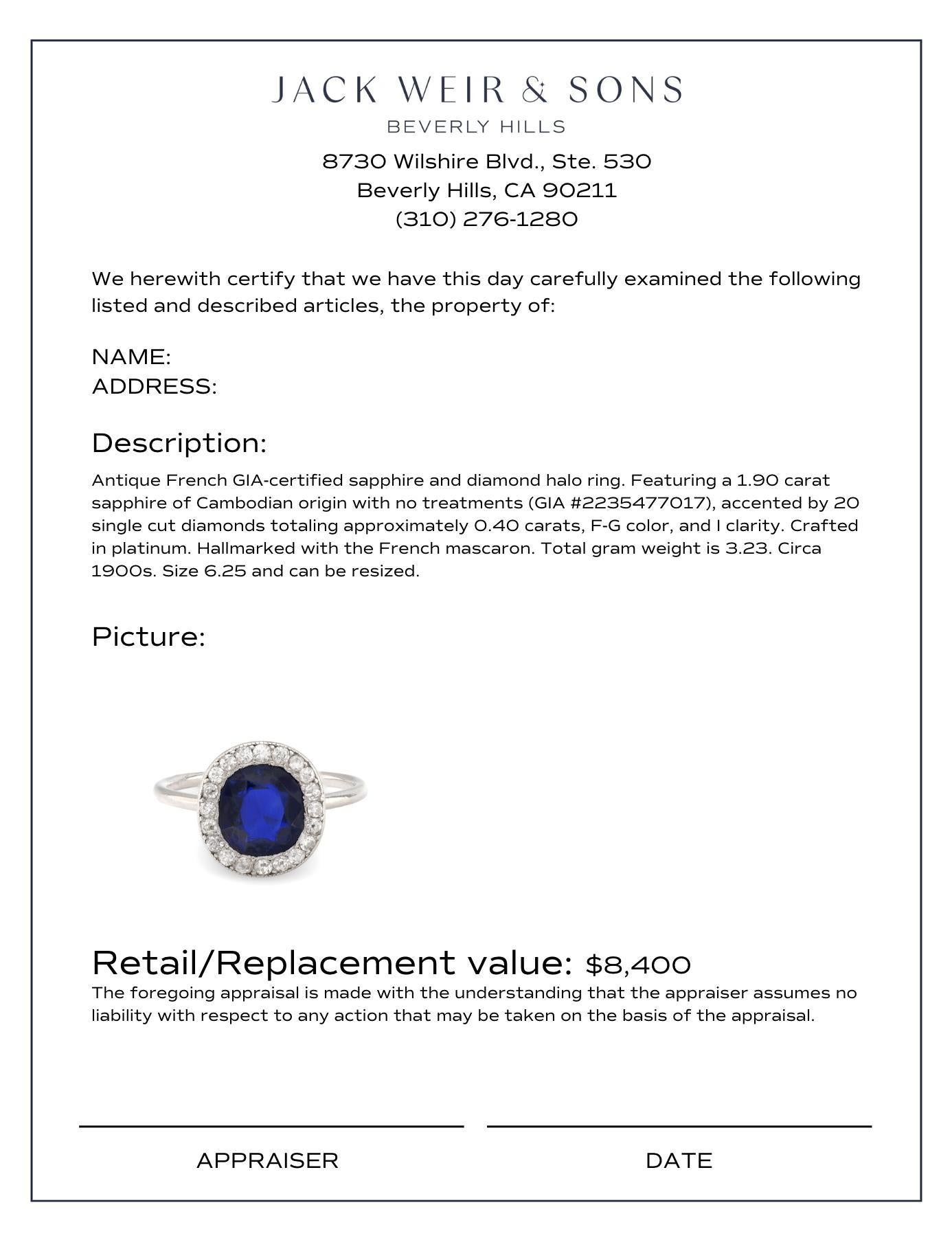 Femenino o masculino Antique French GIA 1,90 quilates sin calor zafiro diamante halo anillo de platino