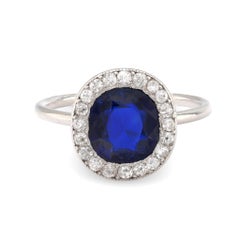 Antique French GIA 1,90 quilates sin calor zafiro diamante halo anillo de platino