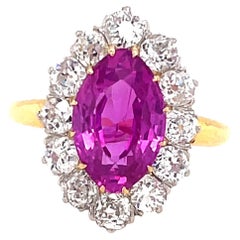 Antique French GIA 2.75 Carat Marquise Shape Pink Sapphire Diamond Cluster Ring
