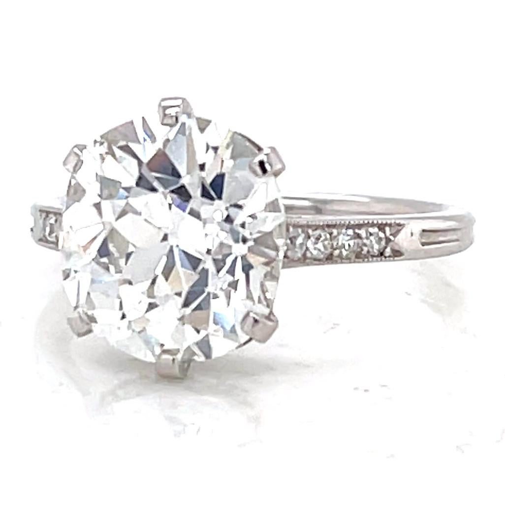 Antique French GIA 4.02 Carat Antique Cushion Diamond Platinum Engagement Ring In Excellent Condition In Beverly Hills, CA