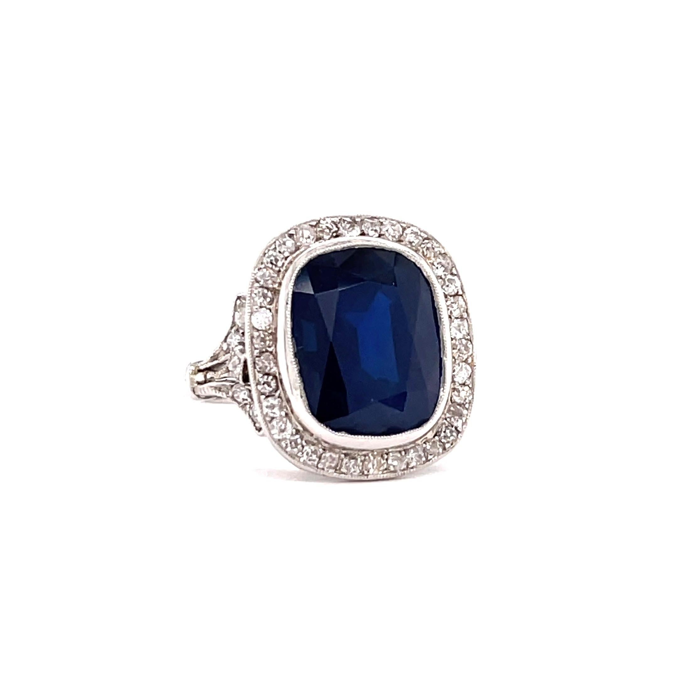 Antique French GIA 6.97 Carat Sapphire Diamond Platinum Cocktail Ring In Excellent Condition In Beverly Hills, CA