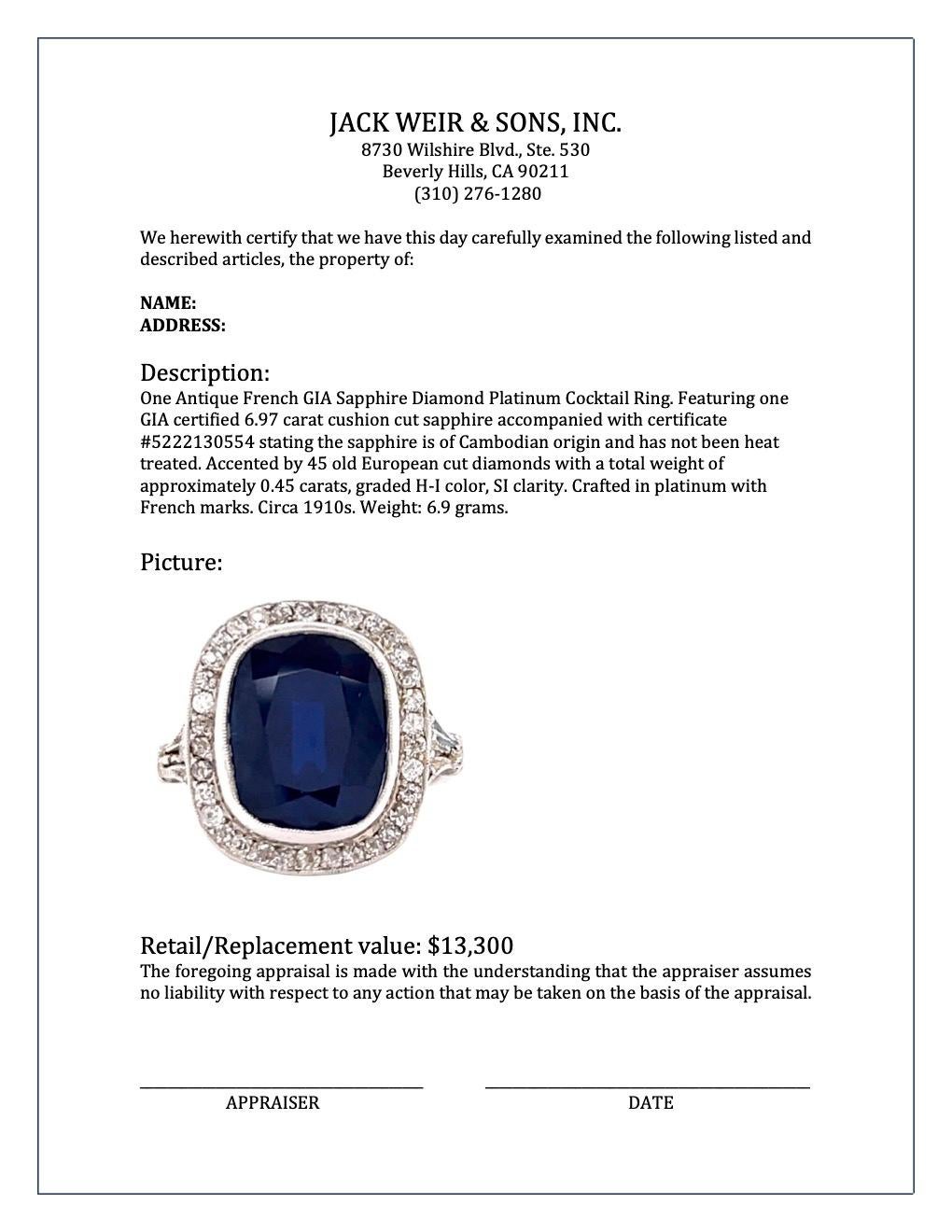 Antique French GIA 6.97 Carat Sapphire Diamond Platinum Cocktail Ring 2