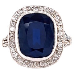 Antique French GIA 6.97 Carat Sapphire Diamond Platinum Cocktail Ring