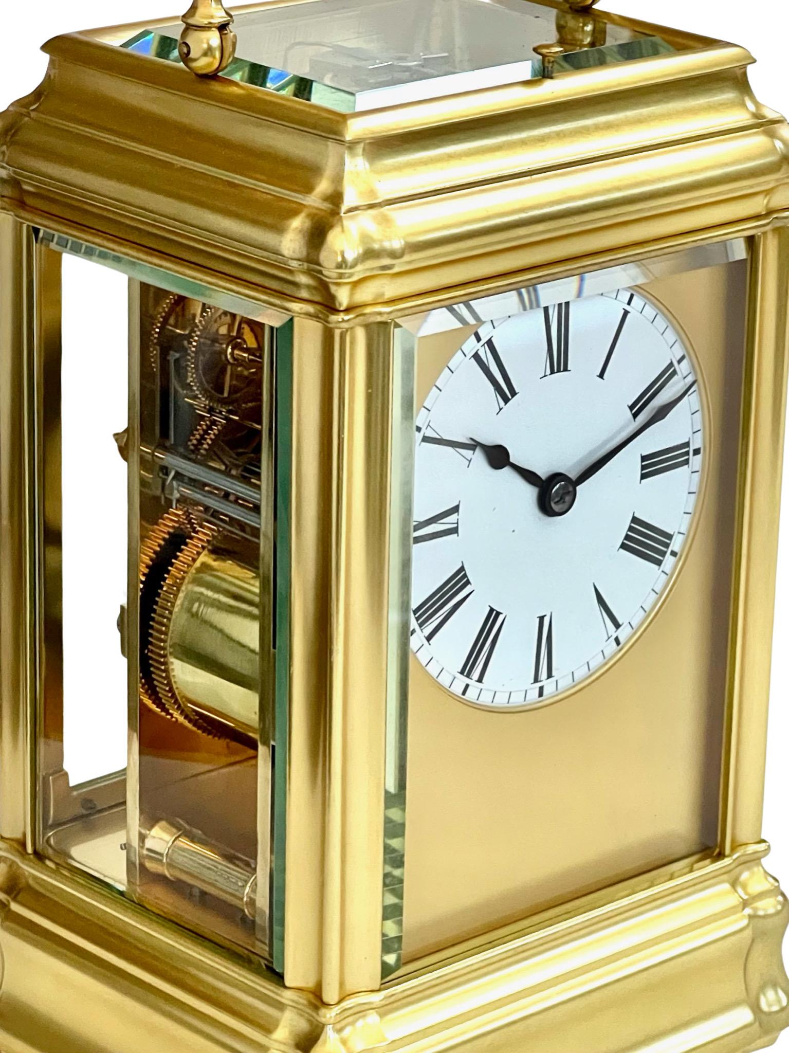 Beveled Antique French Giant Gilt Striking and Repeating Carriage Clock by Drocourt
