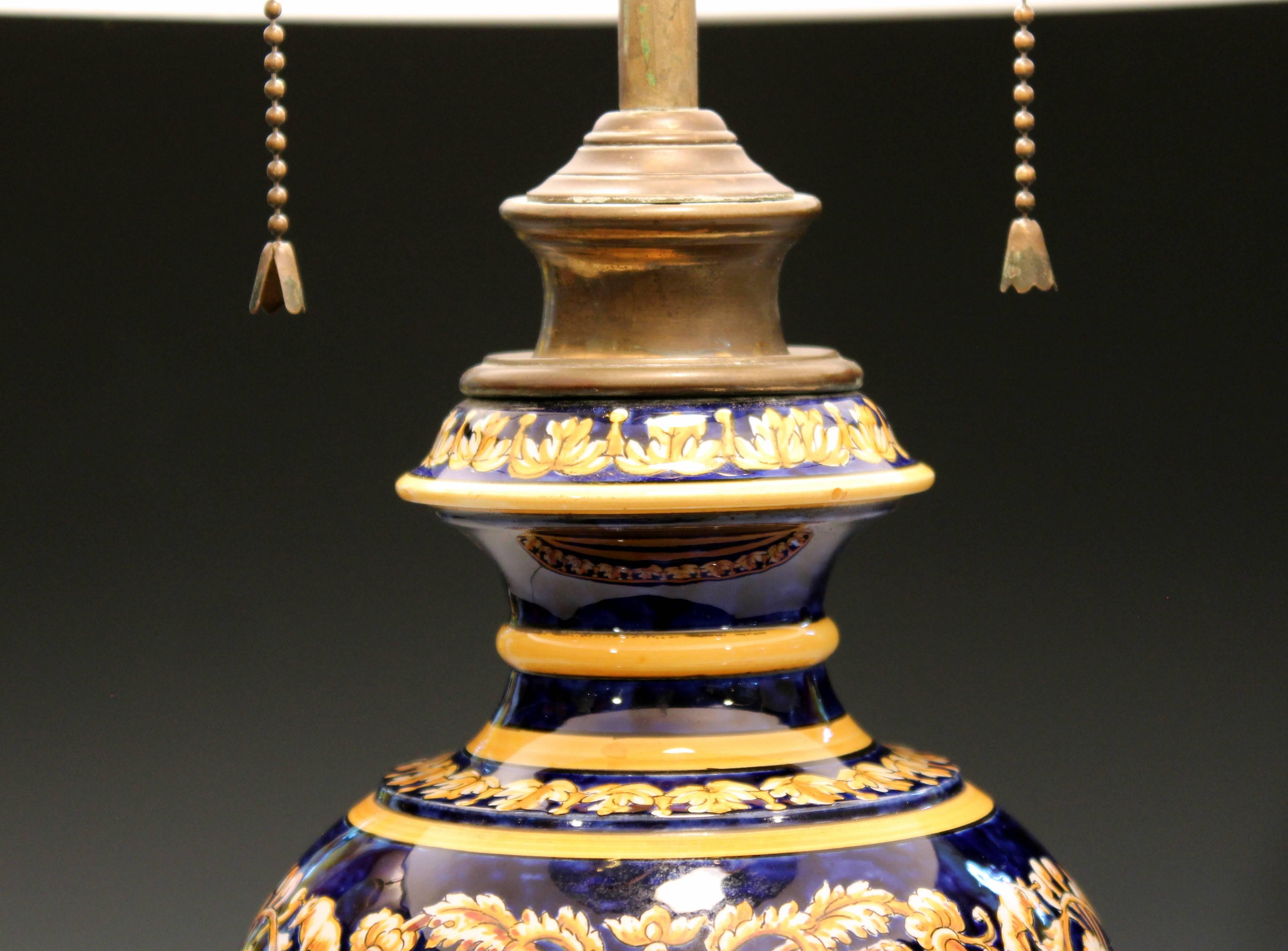 Antique French Gien Pottery Faience Majolica Italian Renaissance Albarello Lamp 1