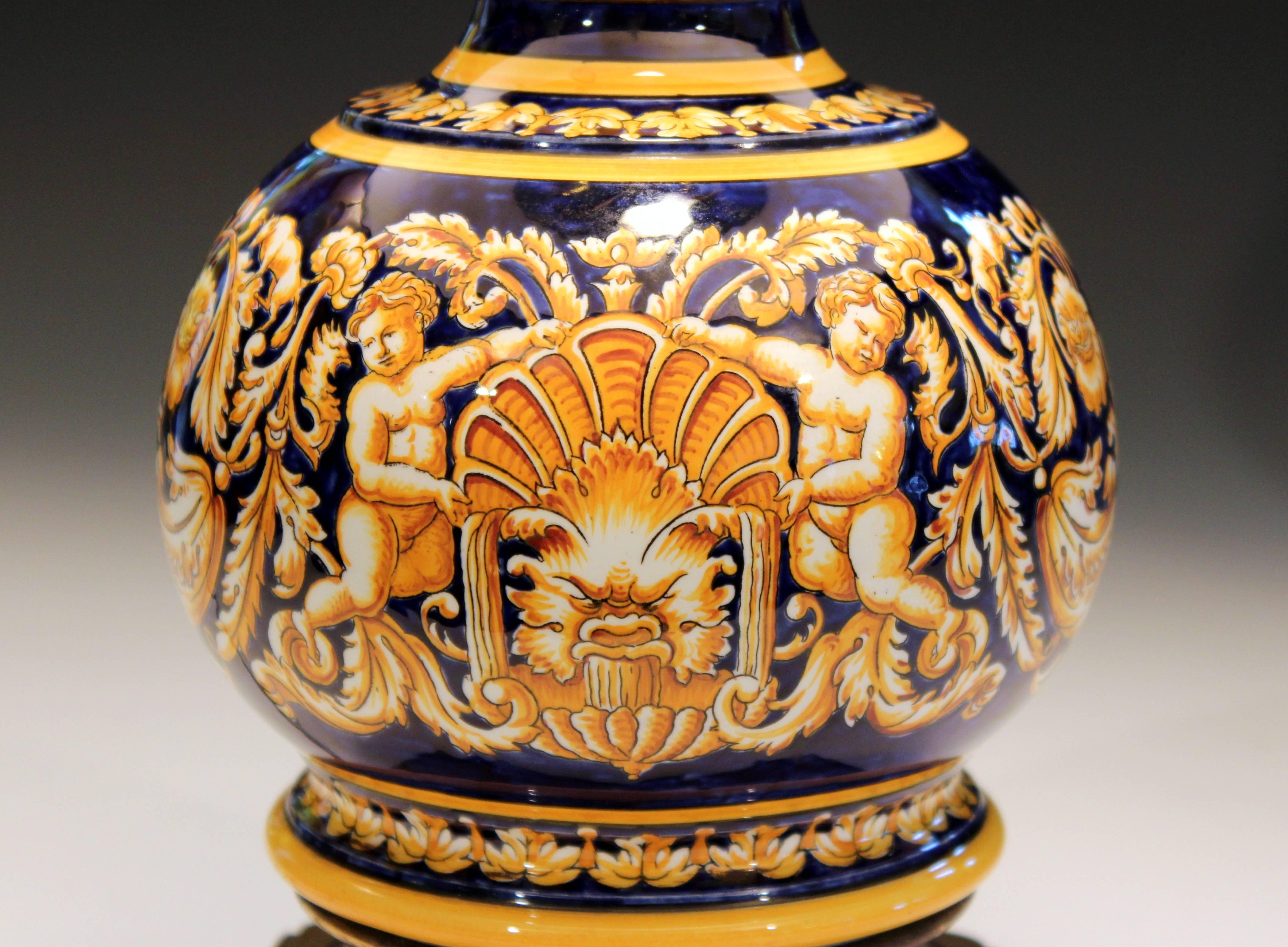 Antique French Gien Pottery Faience Majolica Italian Renaissance Albarello Lamp 2