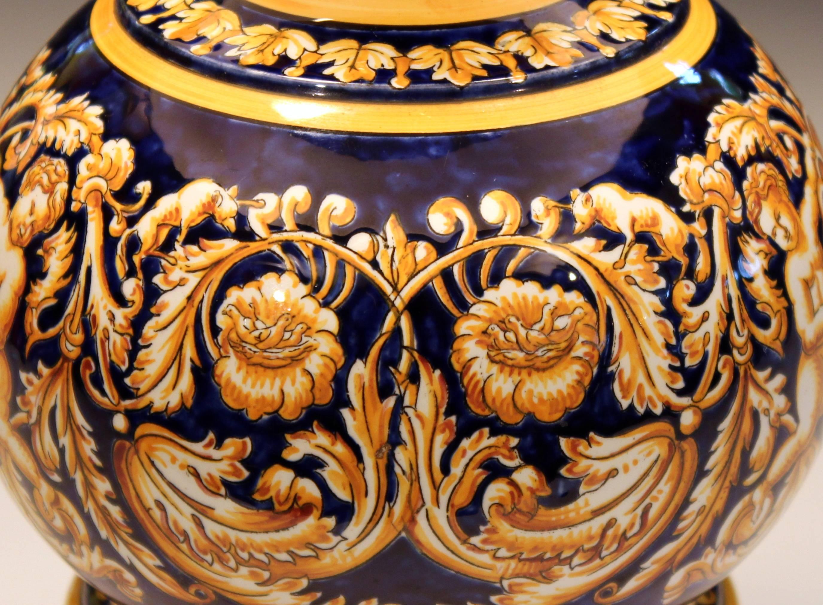 Antique French Gien Pottery Faience Majolica Italian Renaissance Albarello Lamp 3