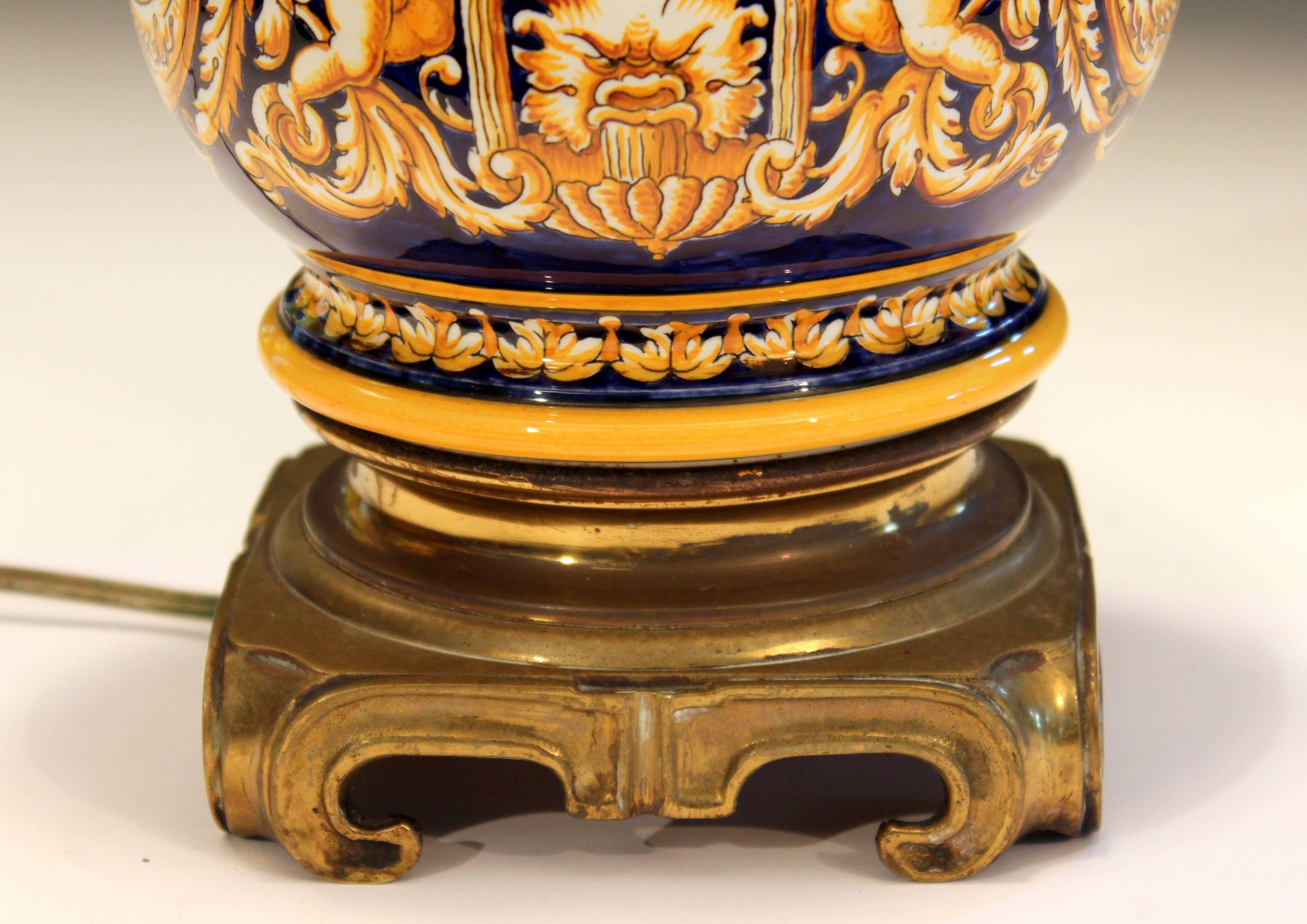 Antique French Gien Pottery Faience Majolica Italian Renaissance Albarello Lamp 4