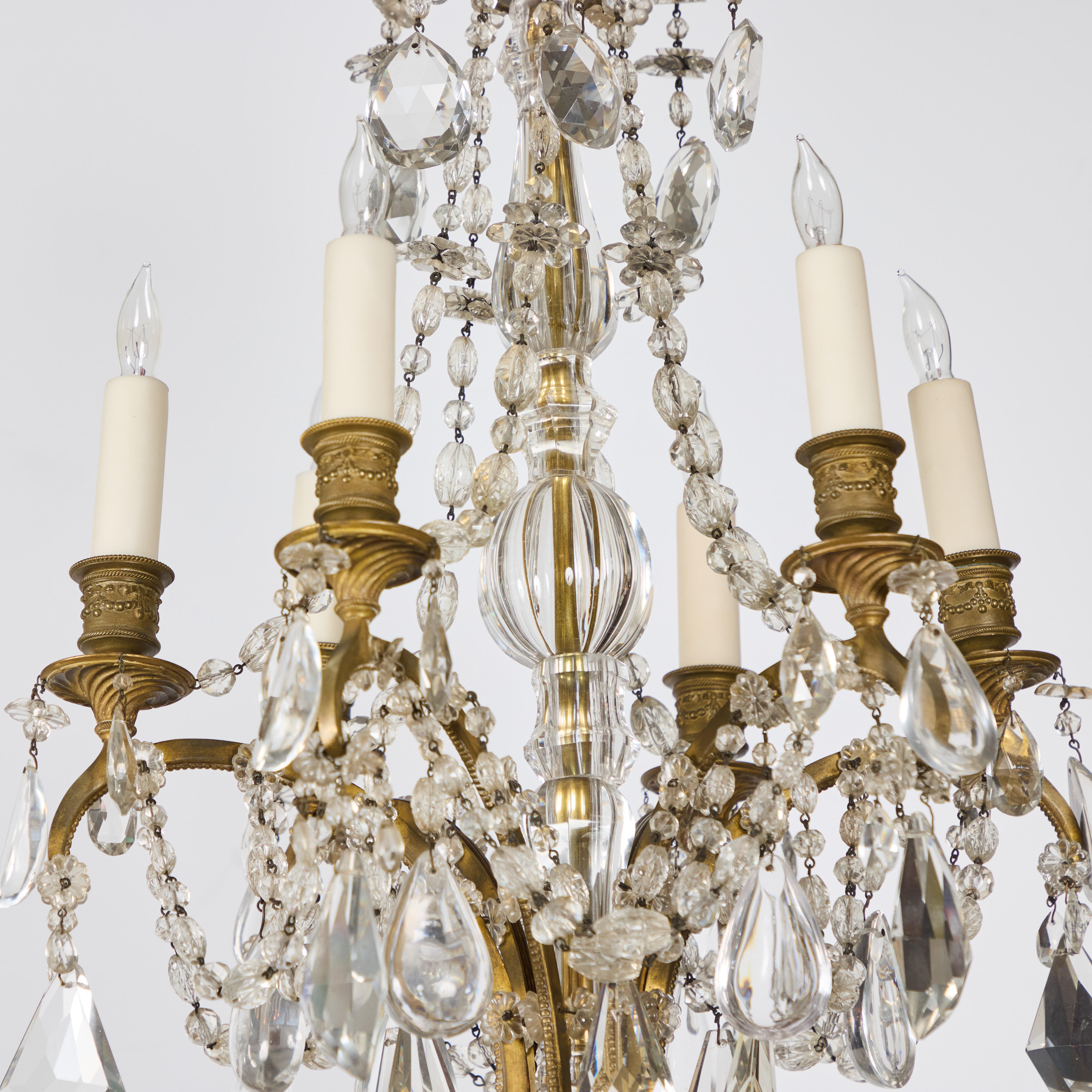 Antico lampadario francese in bronzo dorato e cristallo In condizioni buone in vendita a Los Angeles, CA