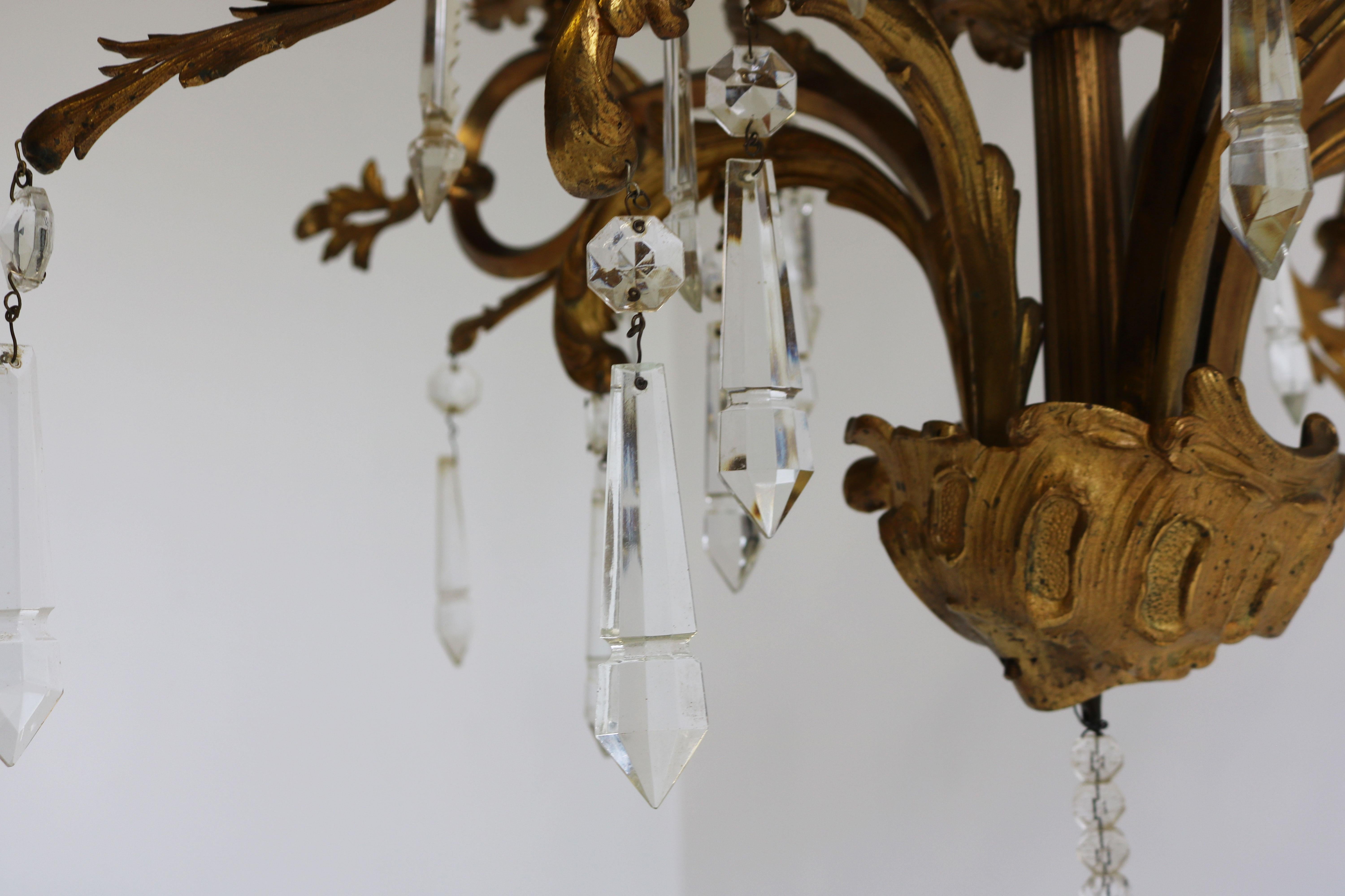 Antique French Gilded Bronze Louis XV / Rococo Style Chandelier 1880 Lamp Glass For Sale 3