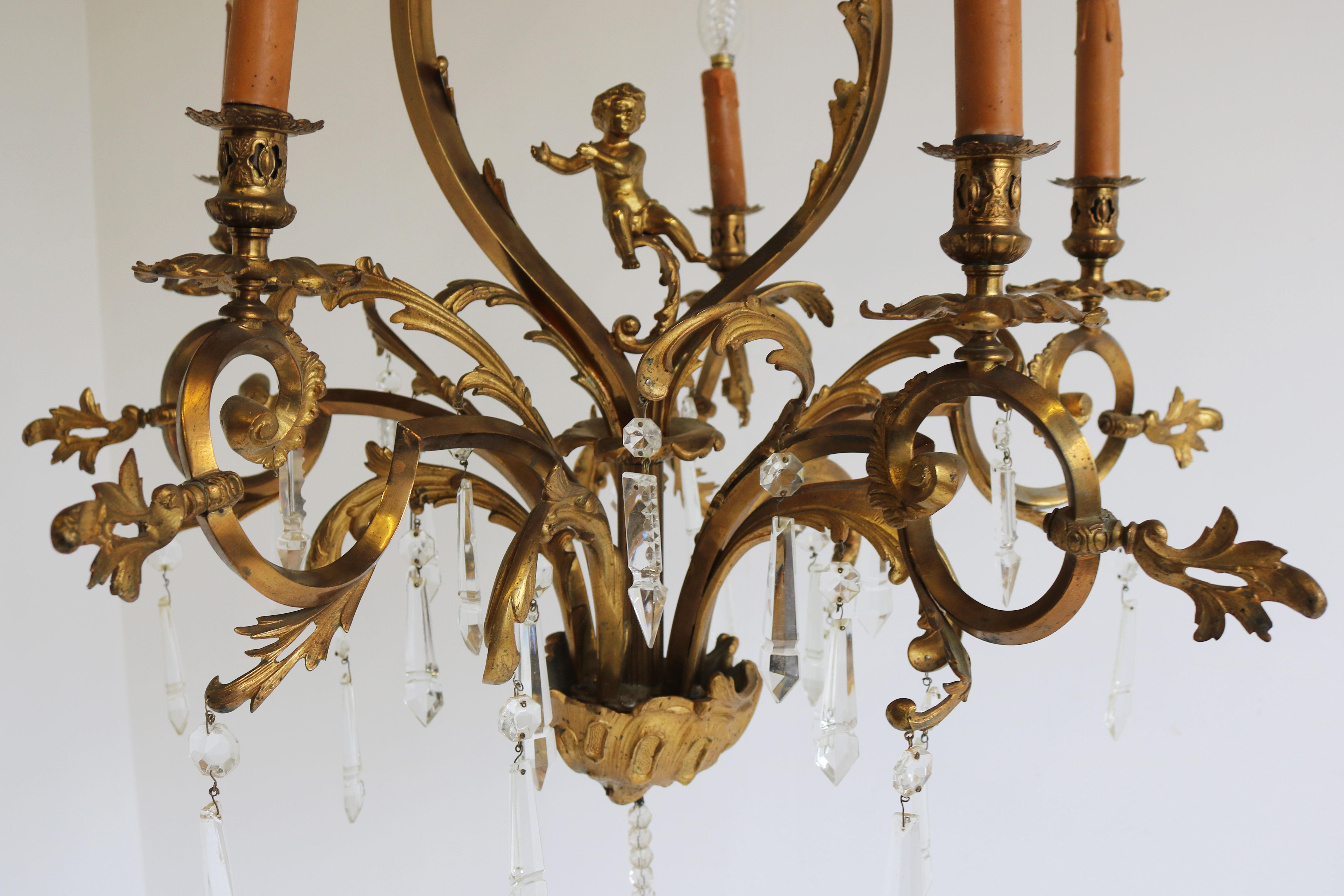 Antique French Gilded Bronze Louis XV / Rococo Style Chandelier 1880 Lamp Glass For Sale 4