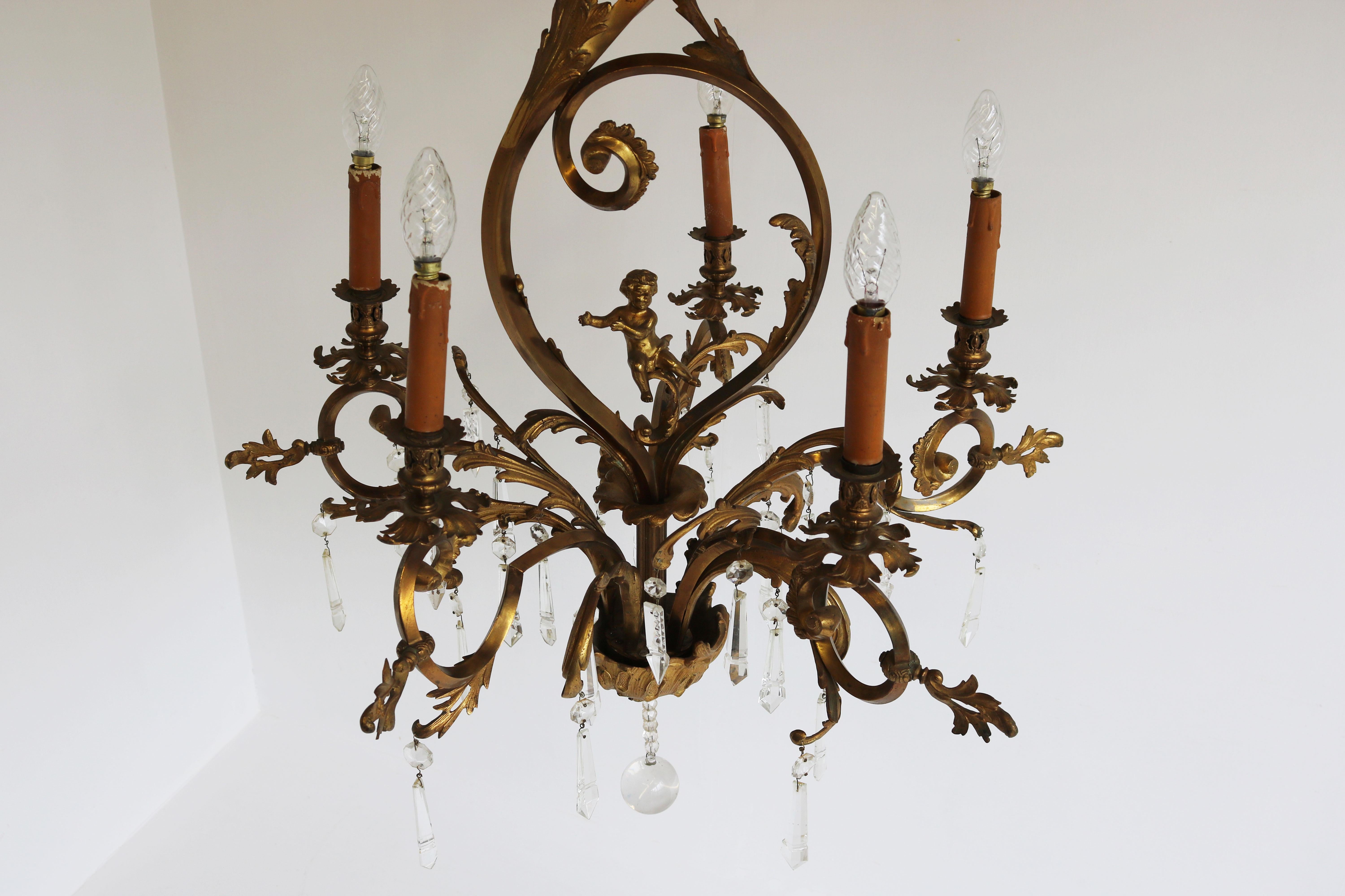 Antique French Gilded Bronze Louis XV / Rococo Style Chandelier 1880 Lamp Glass For Sale 8