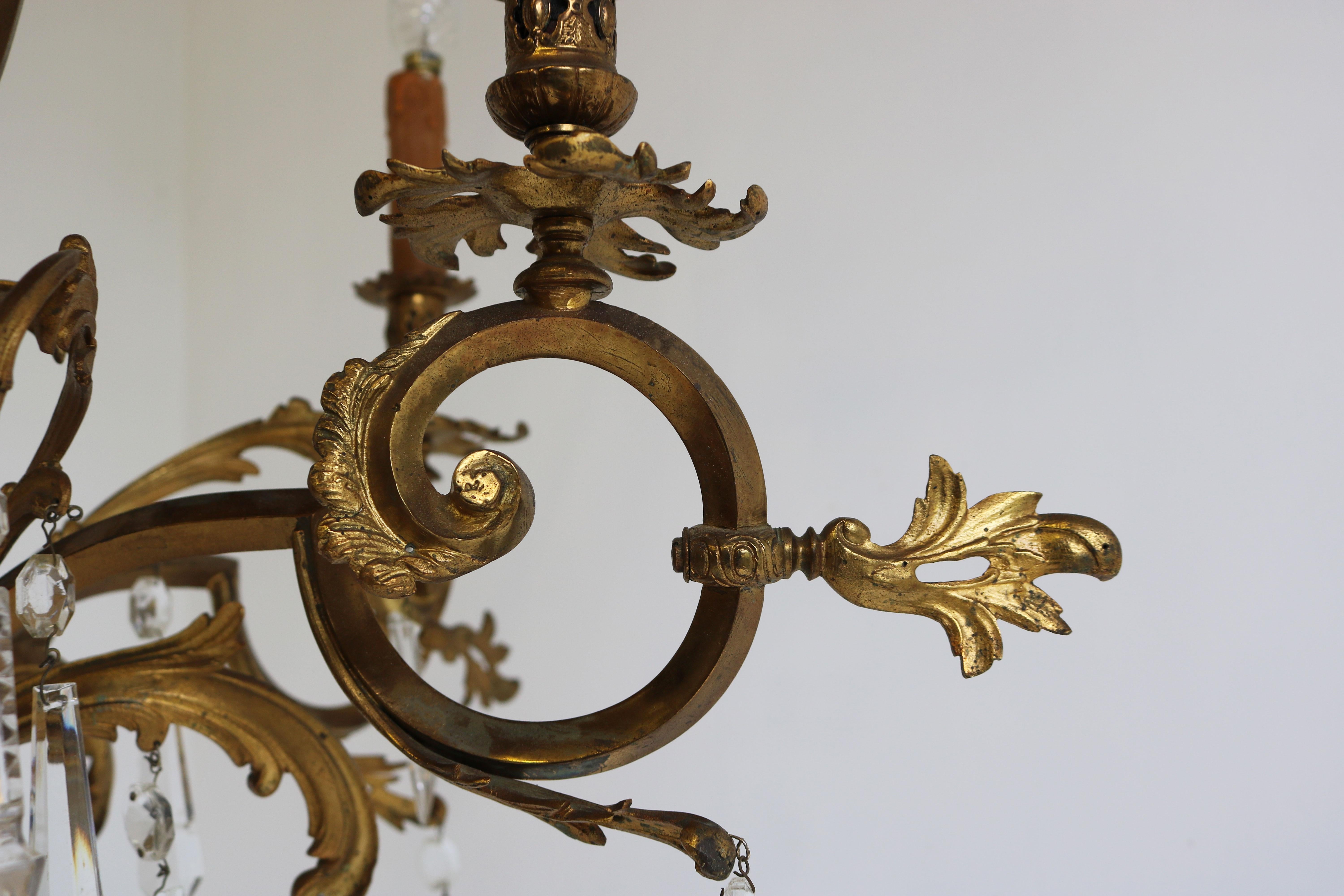 Antique French Gilded Bronze Louis XV / Rococo Style Chandelier 1880 Lamp Glass For Sale 9