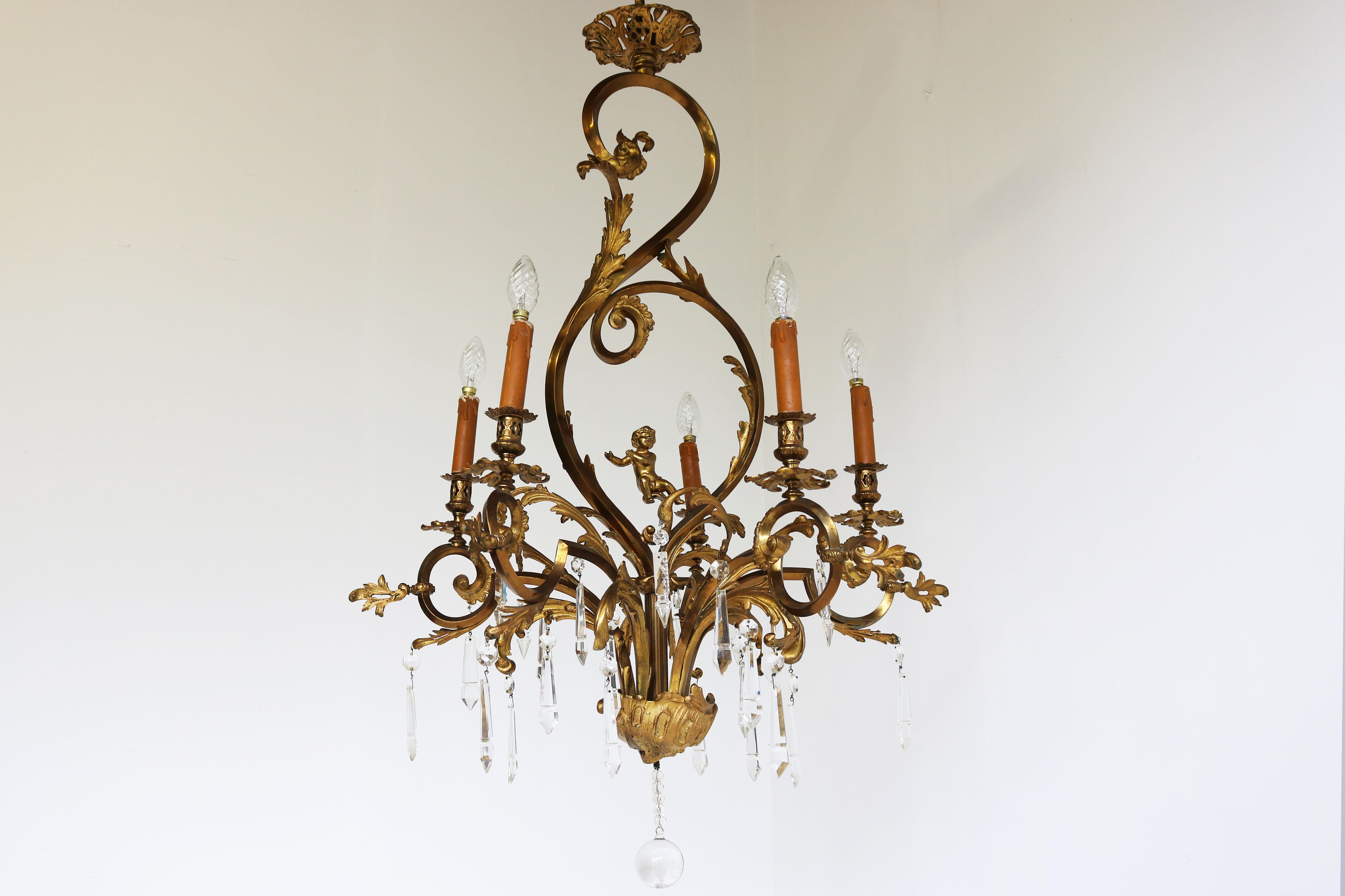 Antique French Gilded Bronze Louis XV / Rococo Style Chandelier 1880 Lamp Glass For Sale 12