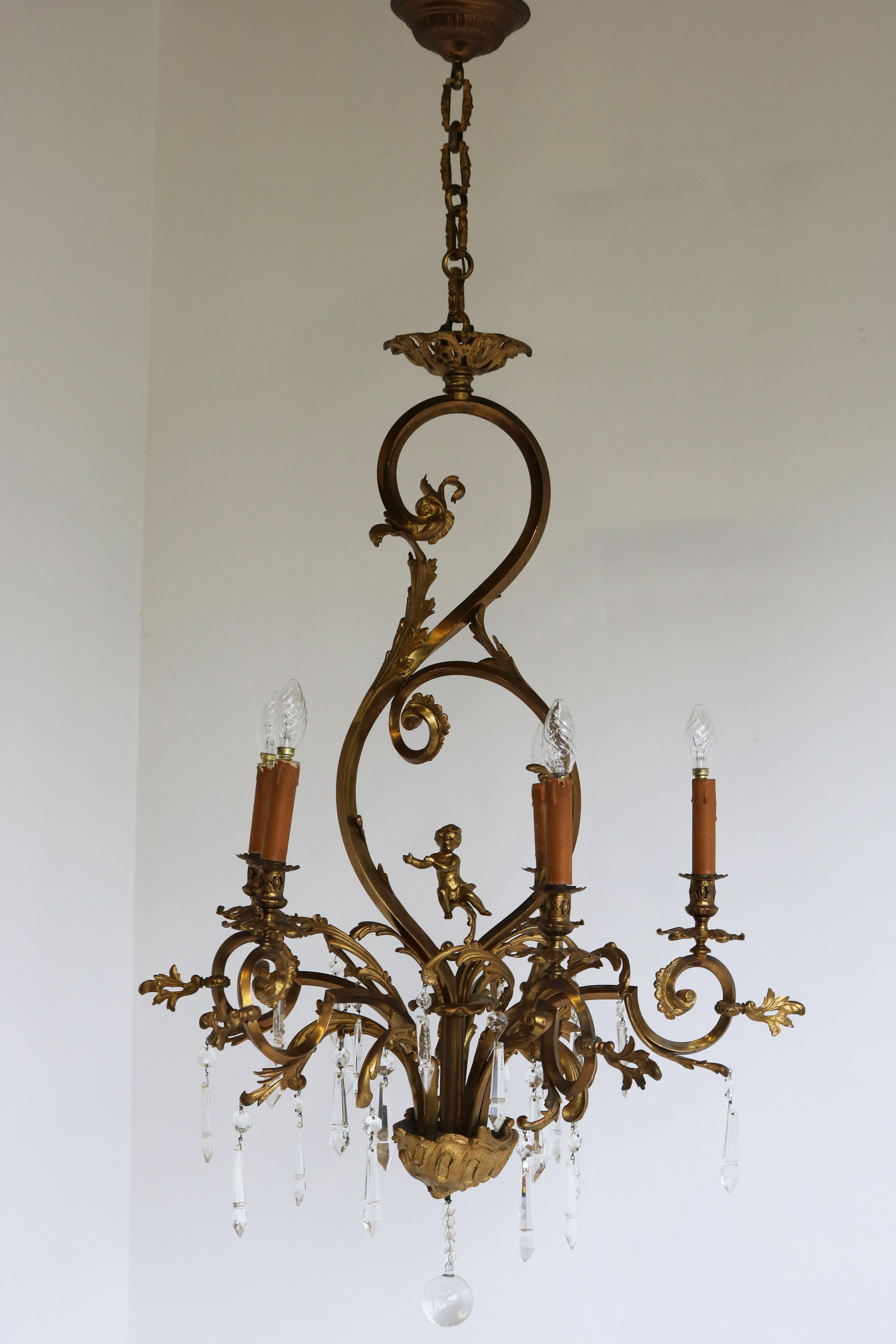 Antique French Gilded Bronze Louis XV / Rococo Style Chandelier 1880 Lamp Glass Renacimiento rococó en venta