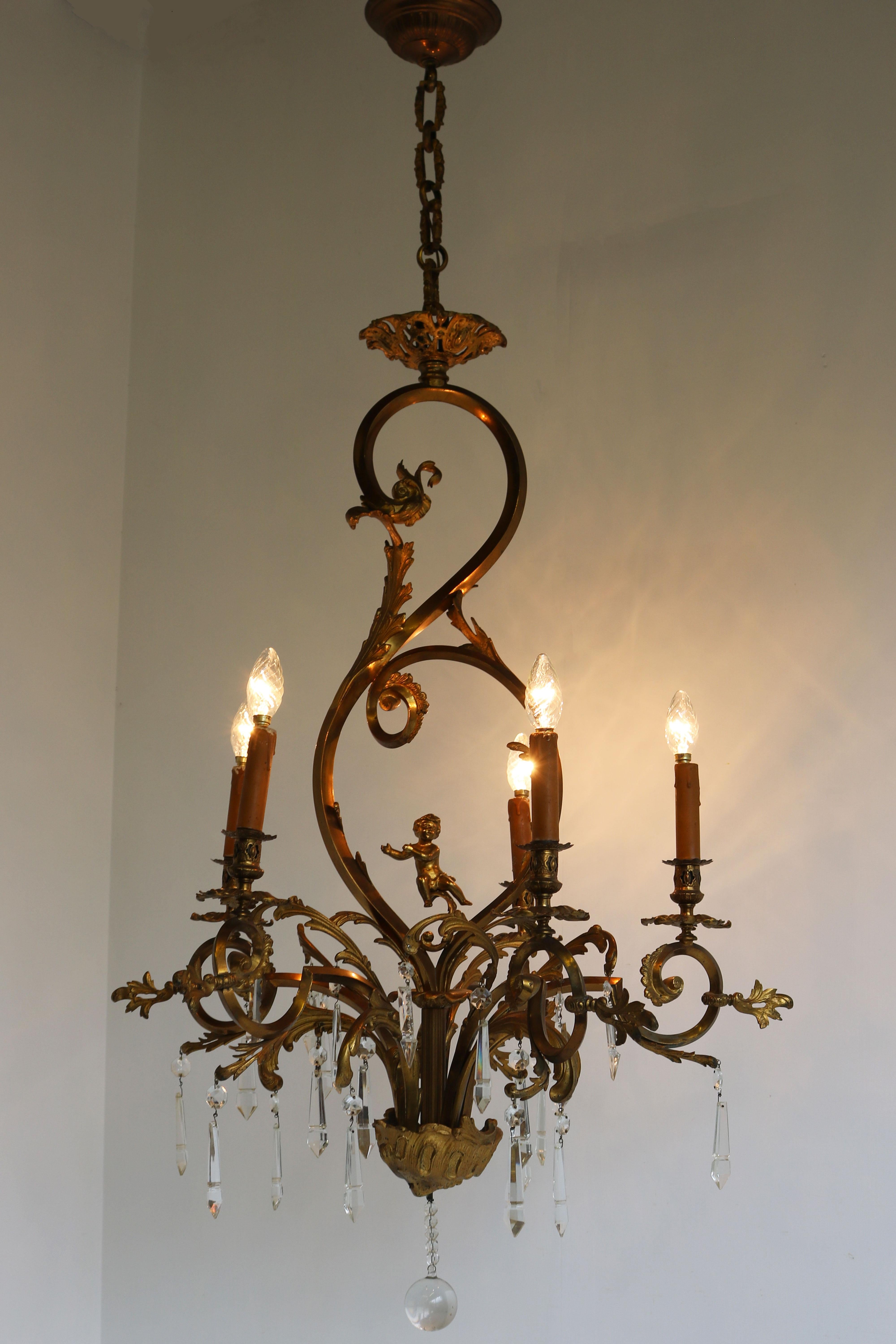 Gilt Antique French Gilded Bronze Louis XV / Rococo Style Chandelier 1880 Lamp Glass For Sale