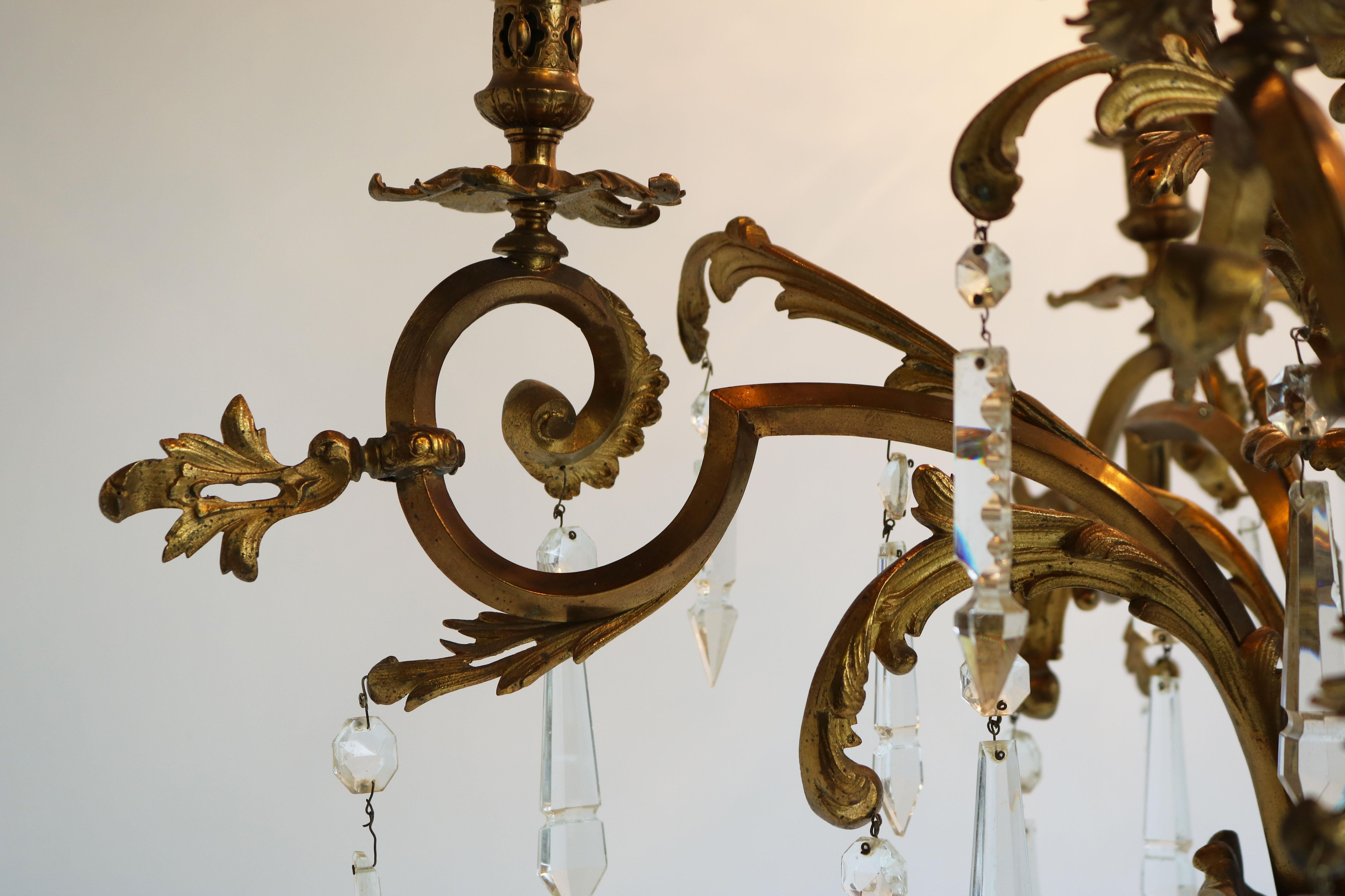 Antique French Gilded Bronze Louis XV / Rococo Style Chandelier 1880 Lamp Glass In Good Condition For Sale In Ijzendijke, NL