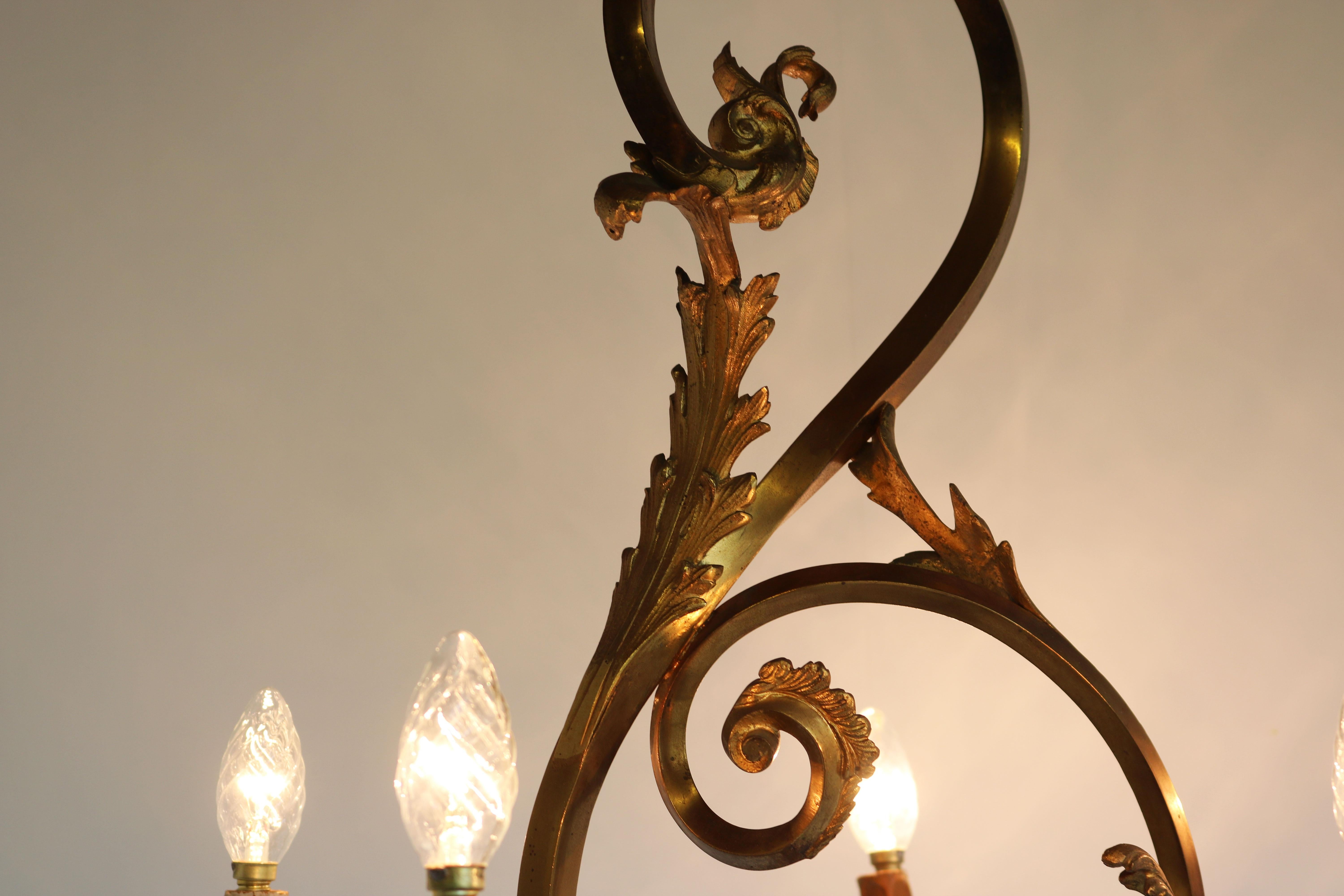 Gold Antique French Gilded Bronze Louis XV / Rococo Style Chandelier 1880 Lamp Glass For Sale