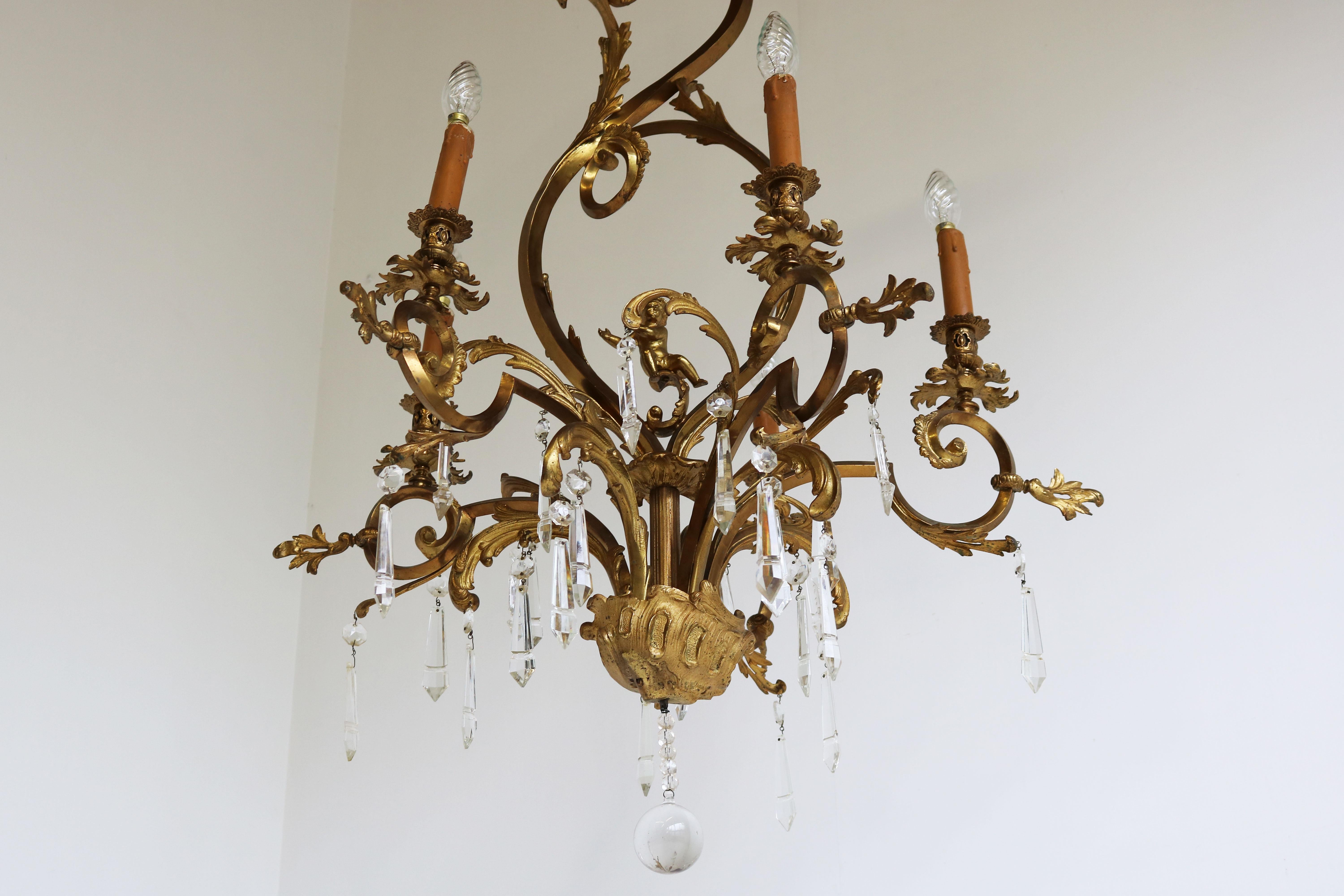 Antique French Gilded Bronze Louis XV / Rococo Style Chandelier 1880 Lamp Glass For Sale 2