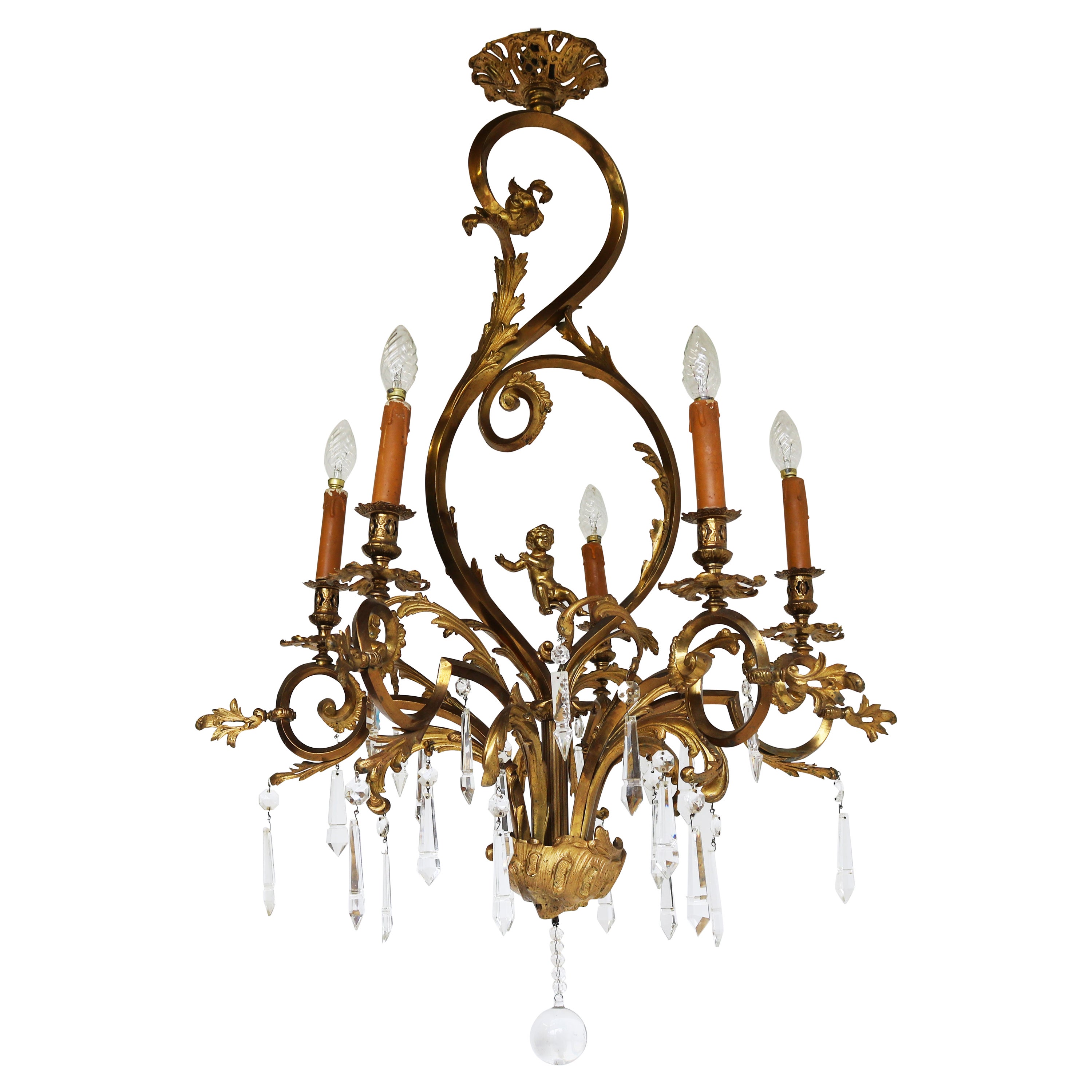 Antique French Gilded Bronze Louis XV / Rococo Style Chandelier 1880 Lamp Glass
