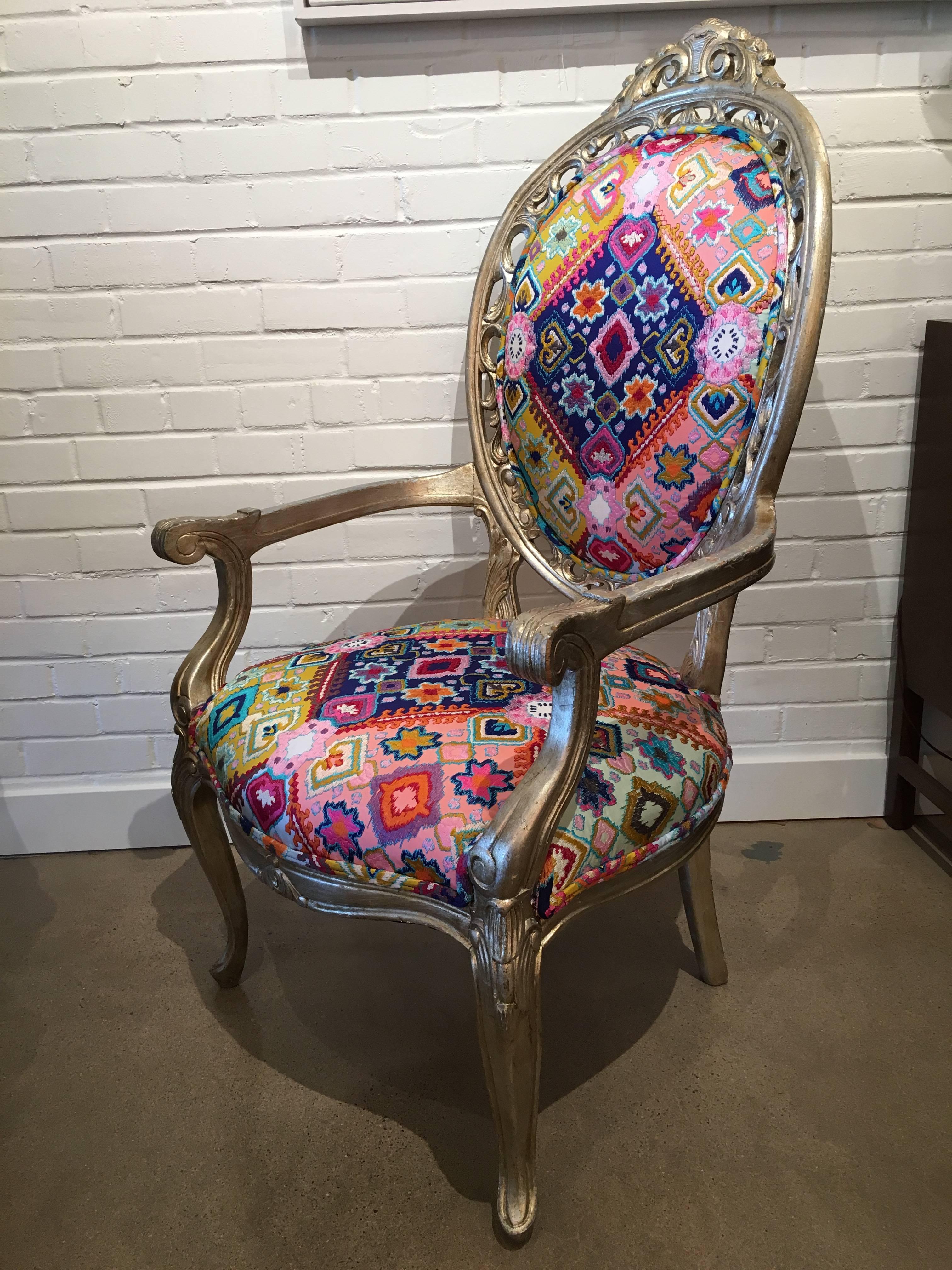 Antique French Gilded Chair Recently Reupholstered in Pierre Frey Fabric 3