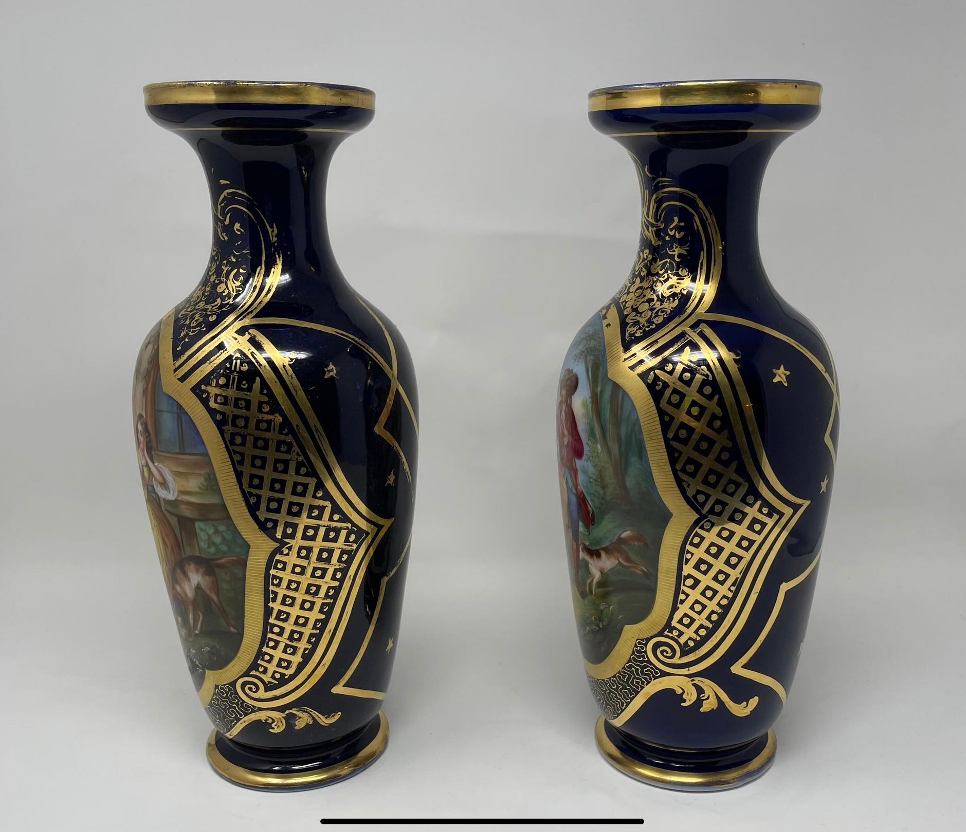 Antique French Gilded Porcelain Vases with Hand Painted Courting Scene - Pair For Sale 3