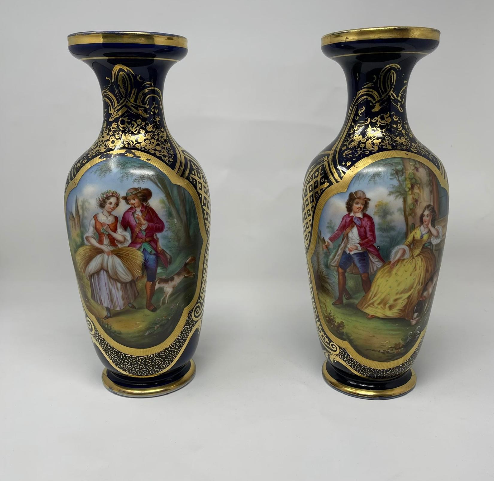 Antique French Gilded Porcelain Vases with Hand Painted Courting Scene - Pair For Sale 4