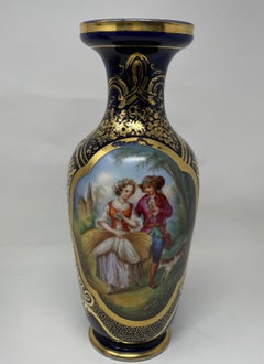 Antique French Gilded Porcelain Vases with Hand Painted Courting Scene - Pair