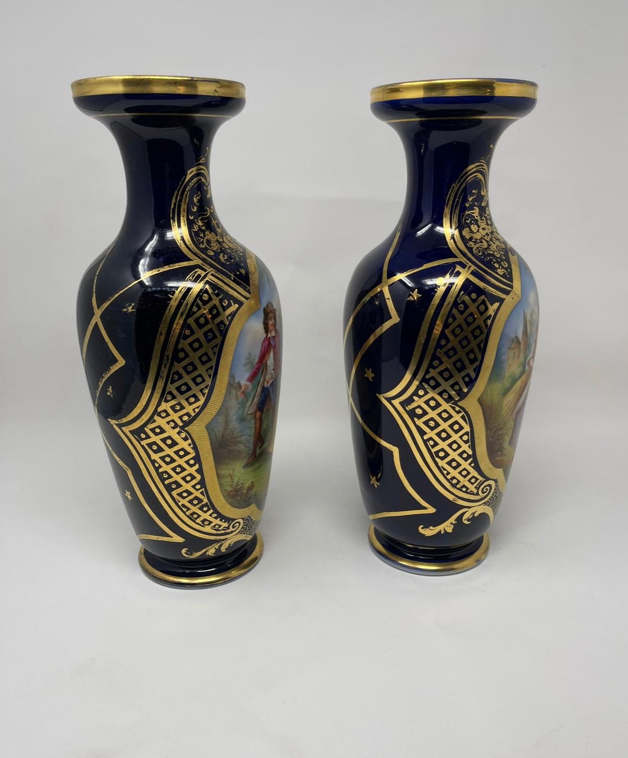 Antique French Gilded Porcelain Vases with Hand Painted Courting Scene - Pair For Sale 1