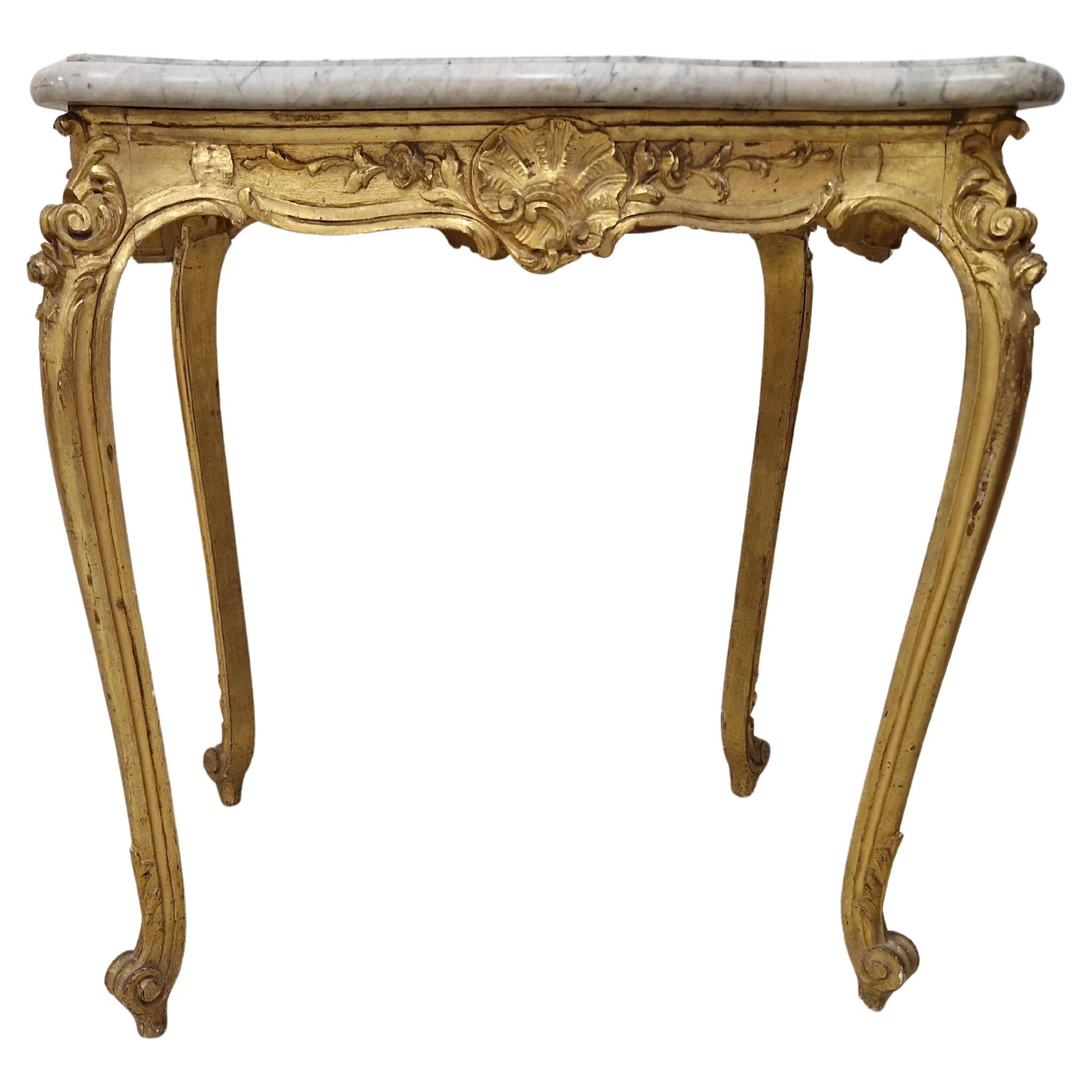 Antique French Gilded Table, Marble Top, Rococo Style, 1890, France