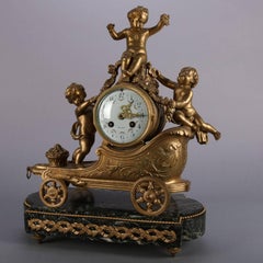 Antique French Gilt & Marble Cherub Chariot Figural SH Paris Mantel Clock