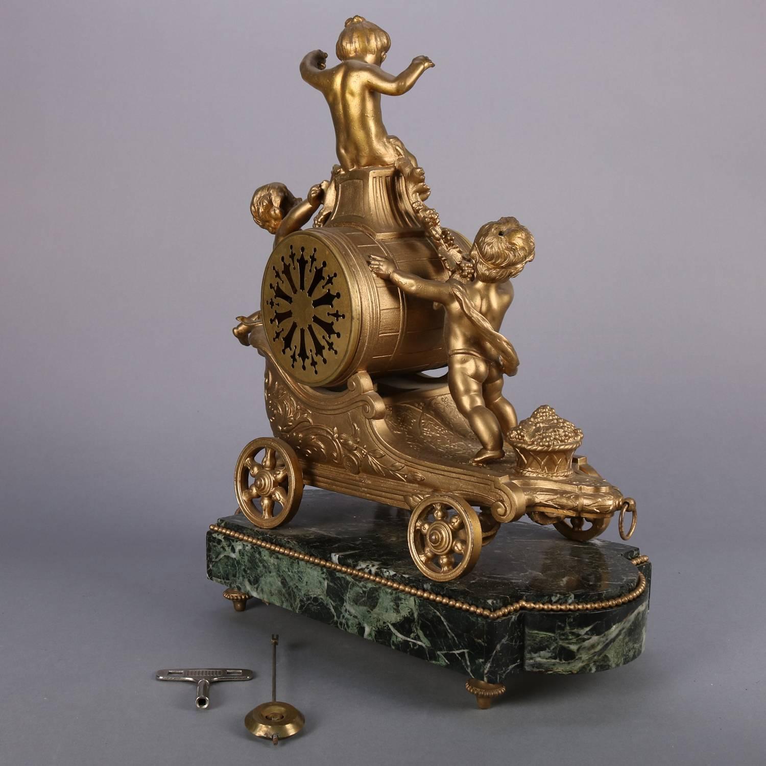 Antique French Gilt & Marble Cherub Chariot Figural SH Paris Mantel Clock In Good Condition In Big Flats, NY