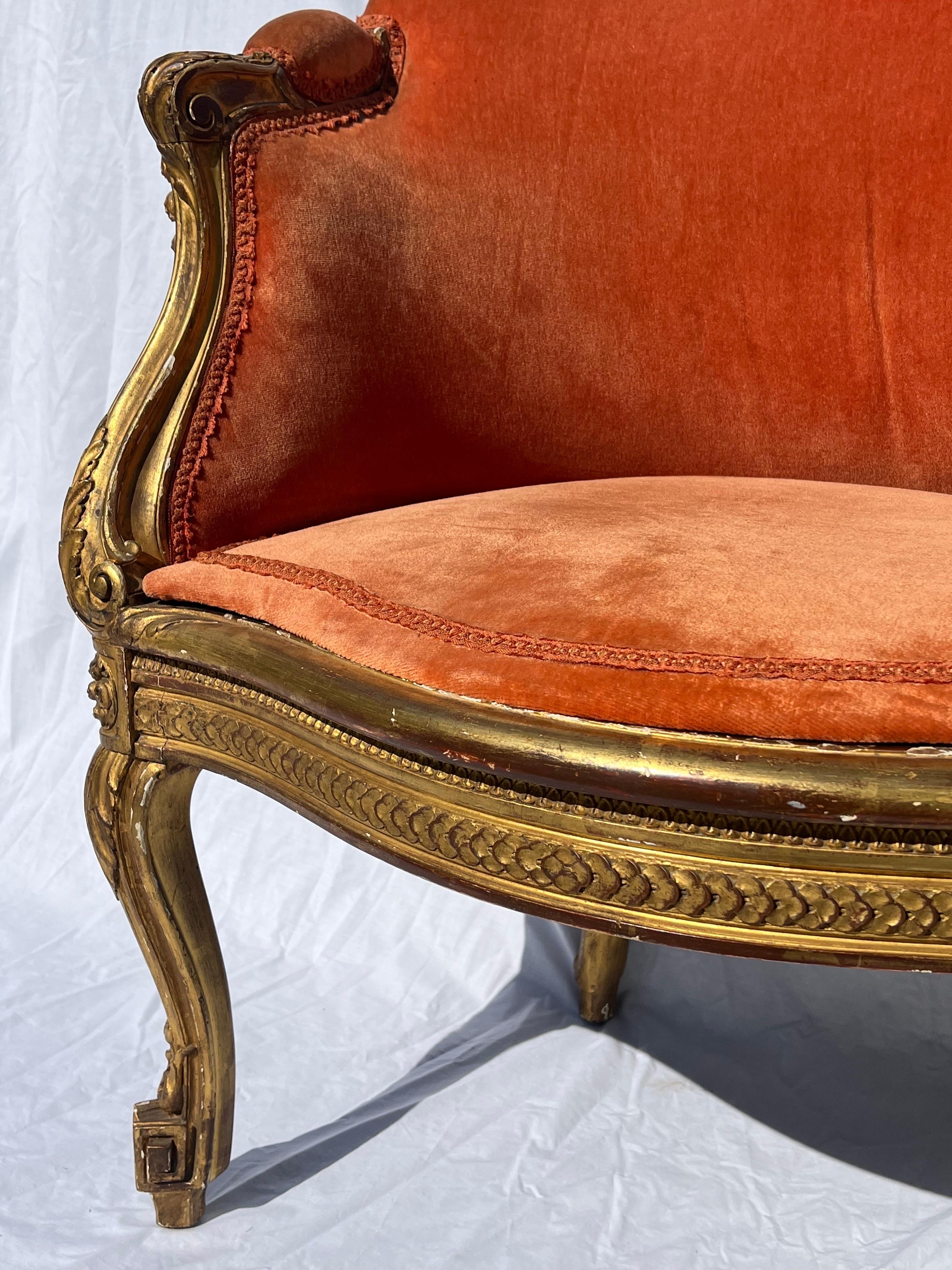 An antique, mid to late 19th century French cane and upholstered carved and gilt armchair. The armchair features carved and gilt floral swags around the caned back, running coin ornament decoration along the base, carved and decorated legs and arms.