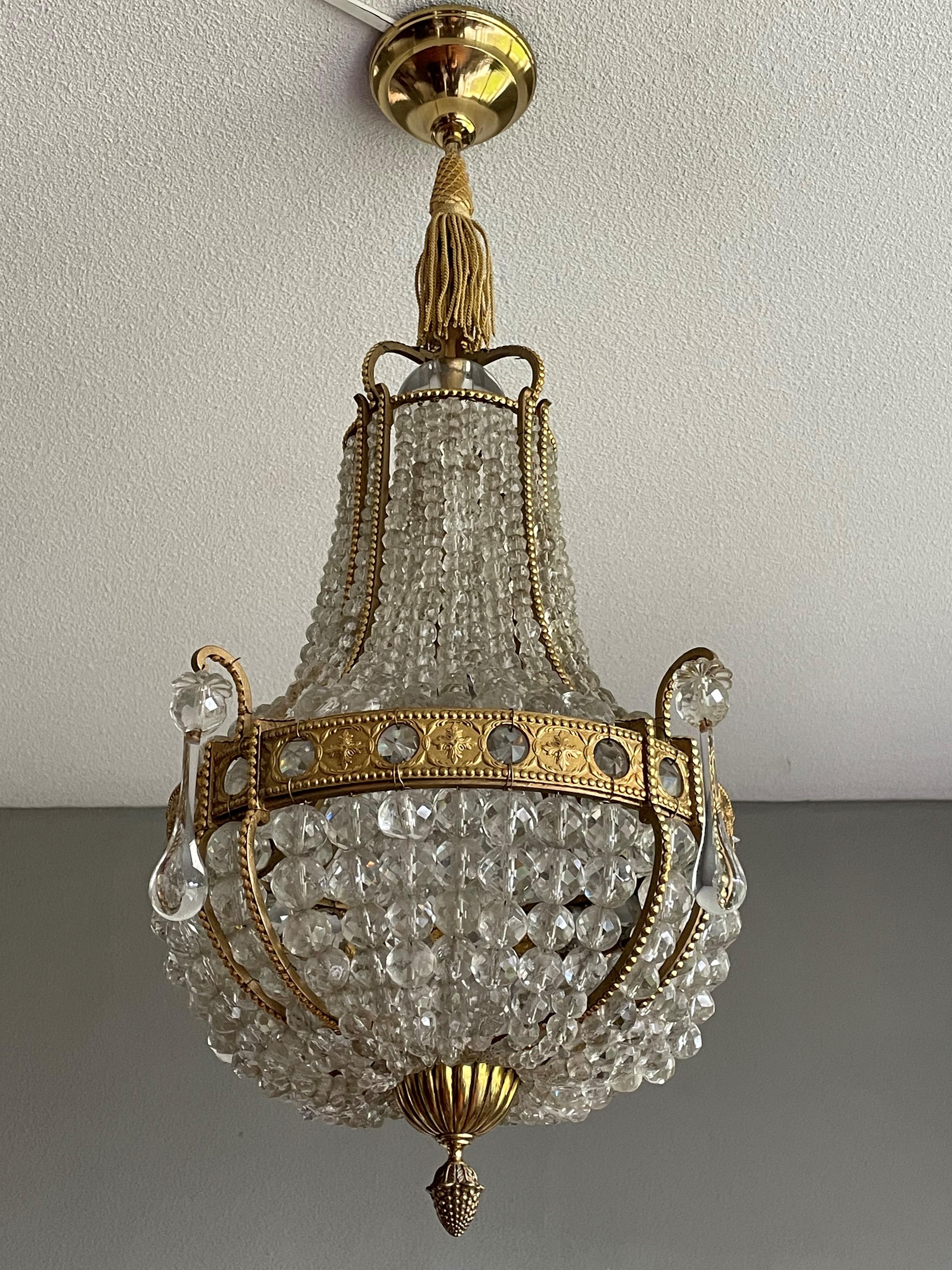 Antique French Gilt Brass and Beaded Crystal Glass Pendant Light / Flush Mount For Sale 2