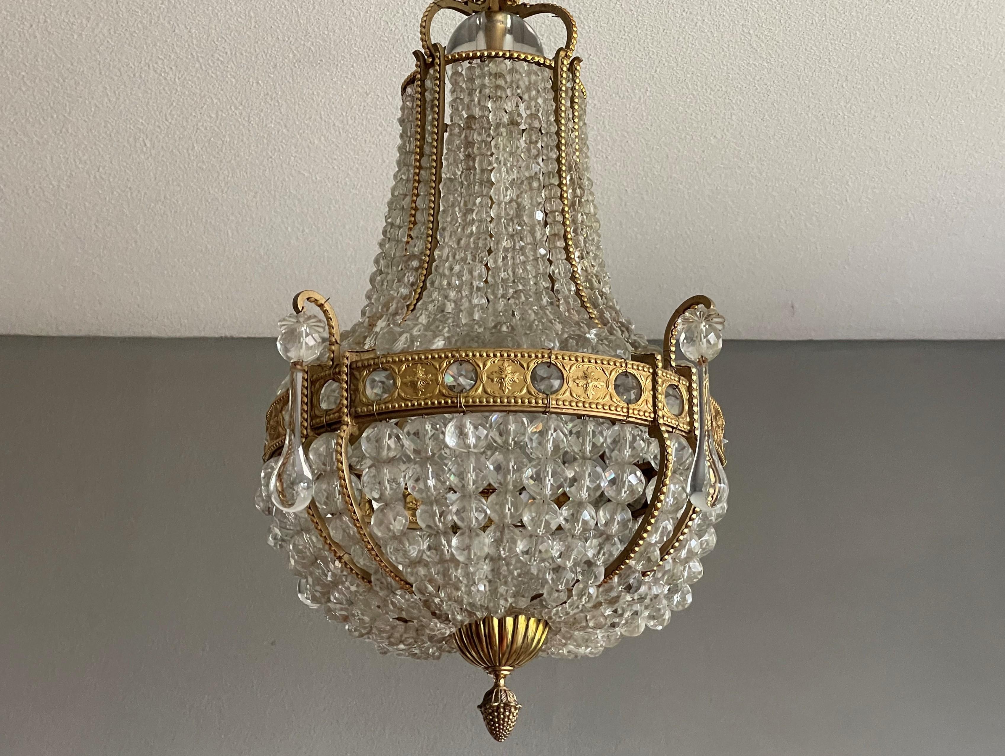 Antique French Gilt Brass and Beaded Crystal Glass Pendant Light / Flush Mount For Sale 6