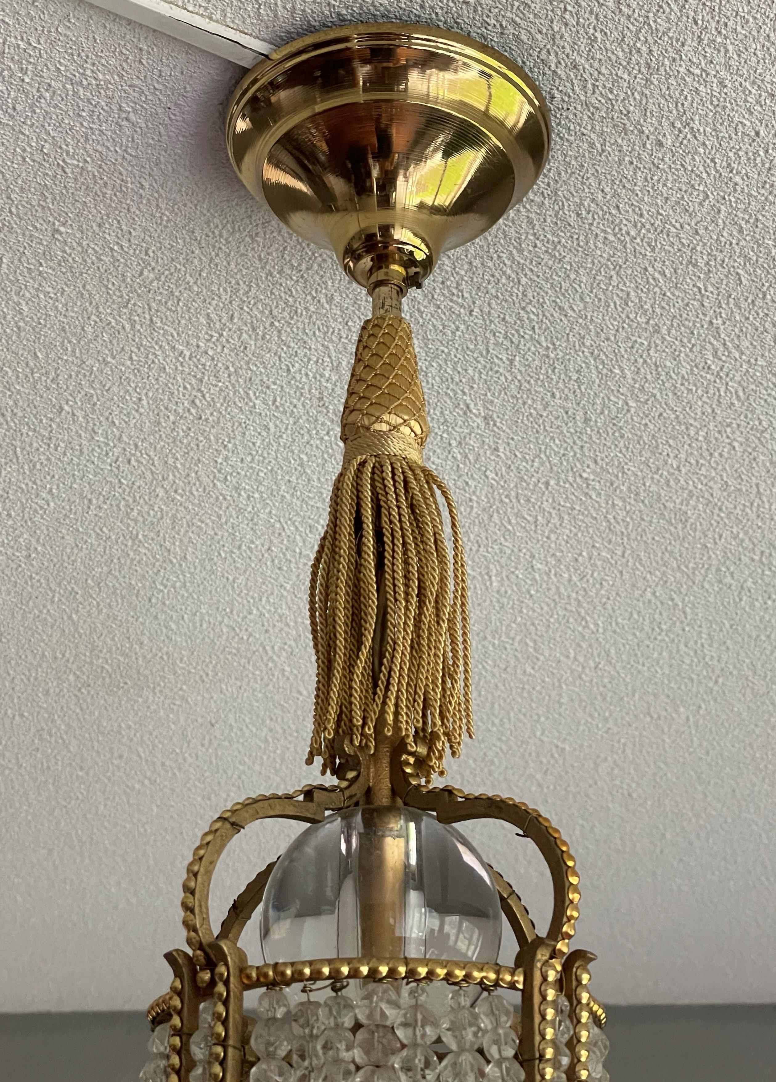 Antique French Gilt Brass and Beaded Crystal Glass Pendant Light / Flush Mount For Sale 9