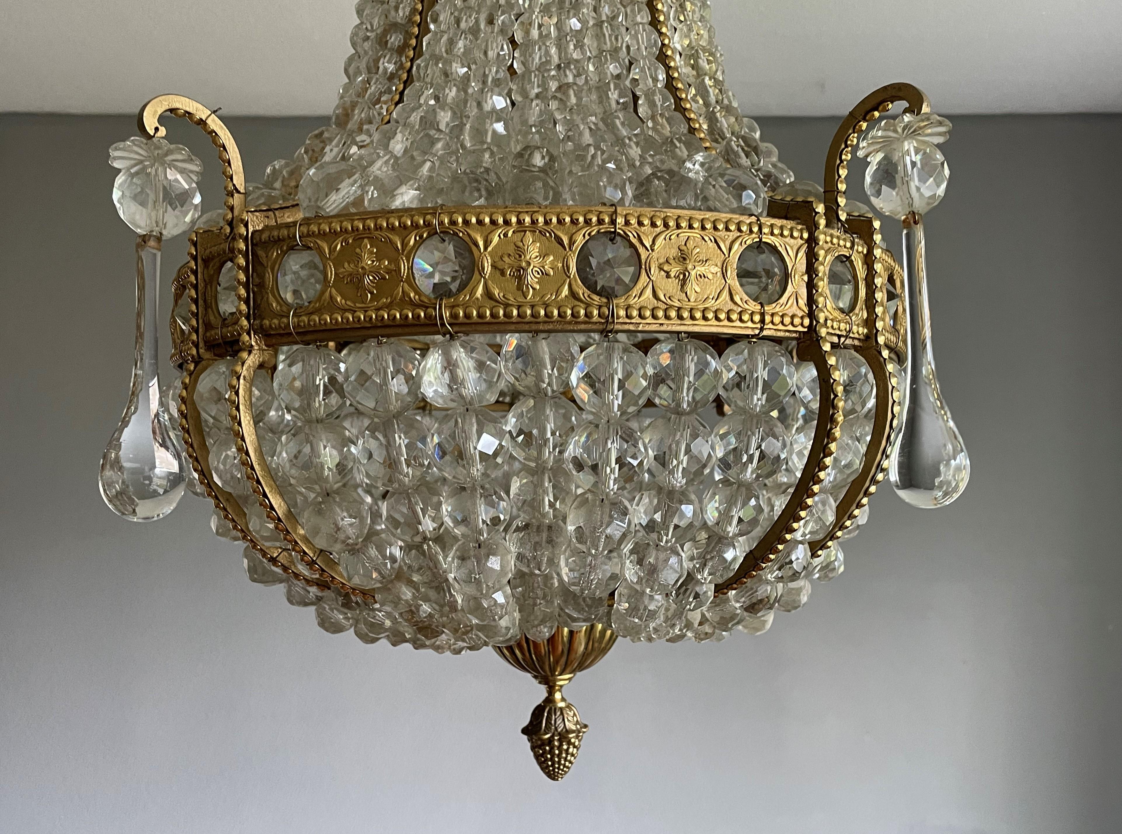 Louis XVI Antique French Gilt Brass and Beaded Crystal Glass Pendant Light / Flush Mount For Sale