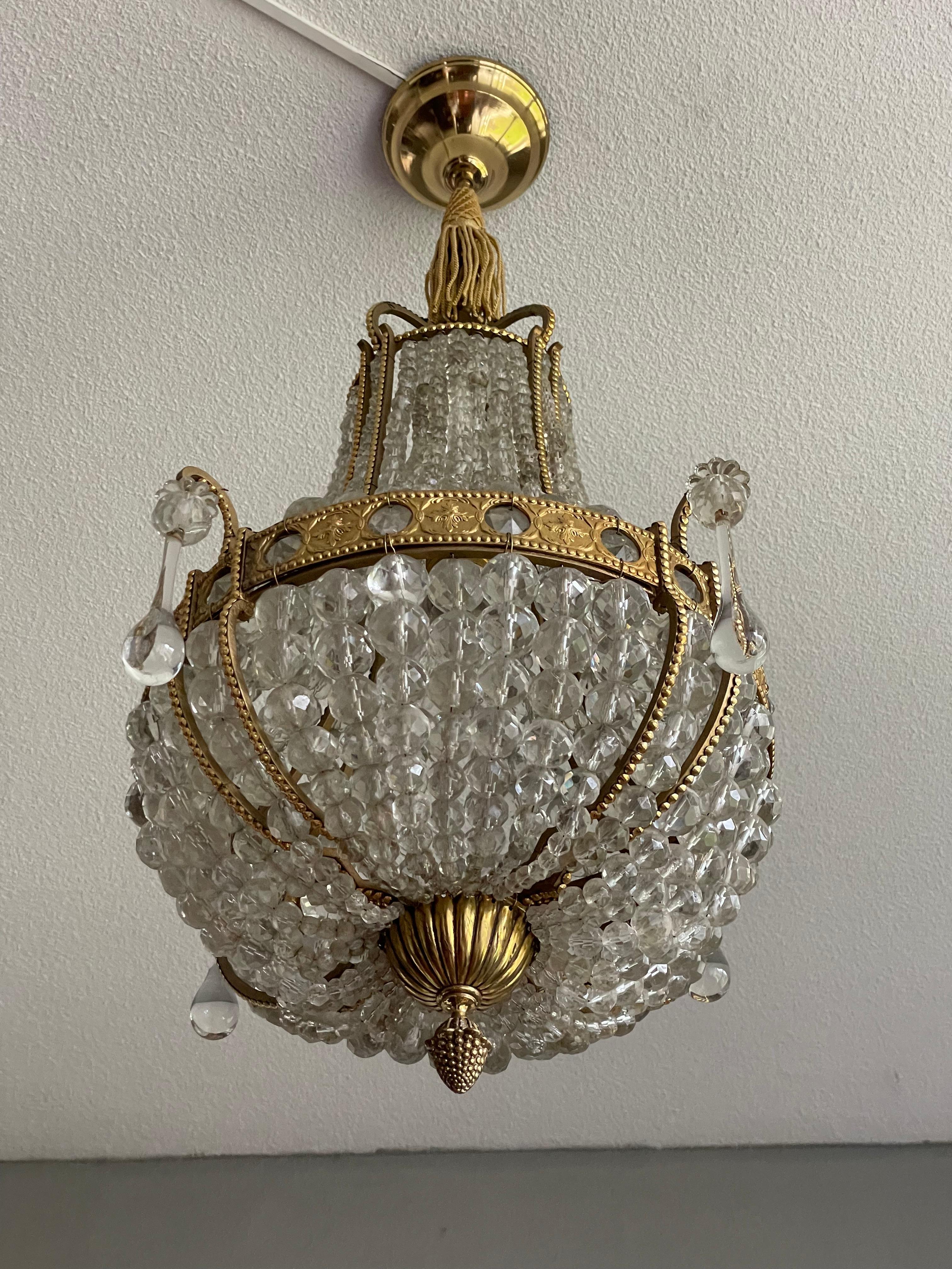 20th Century Antique French Gilt Brass and Beaded Crystal Glass Pendant Light / Flush Mount For Sale