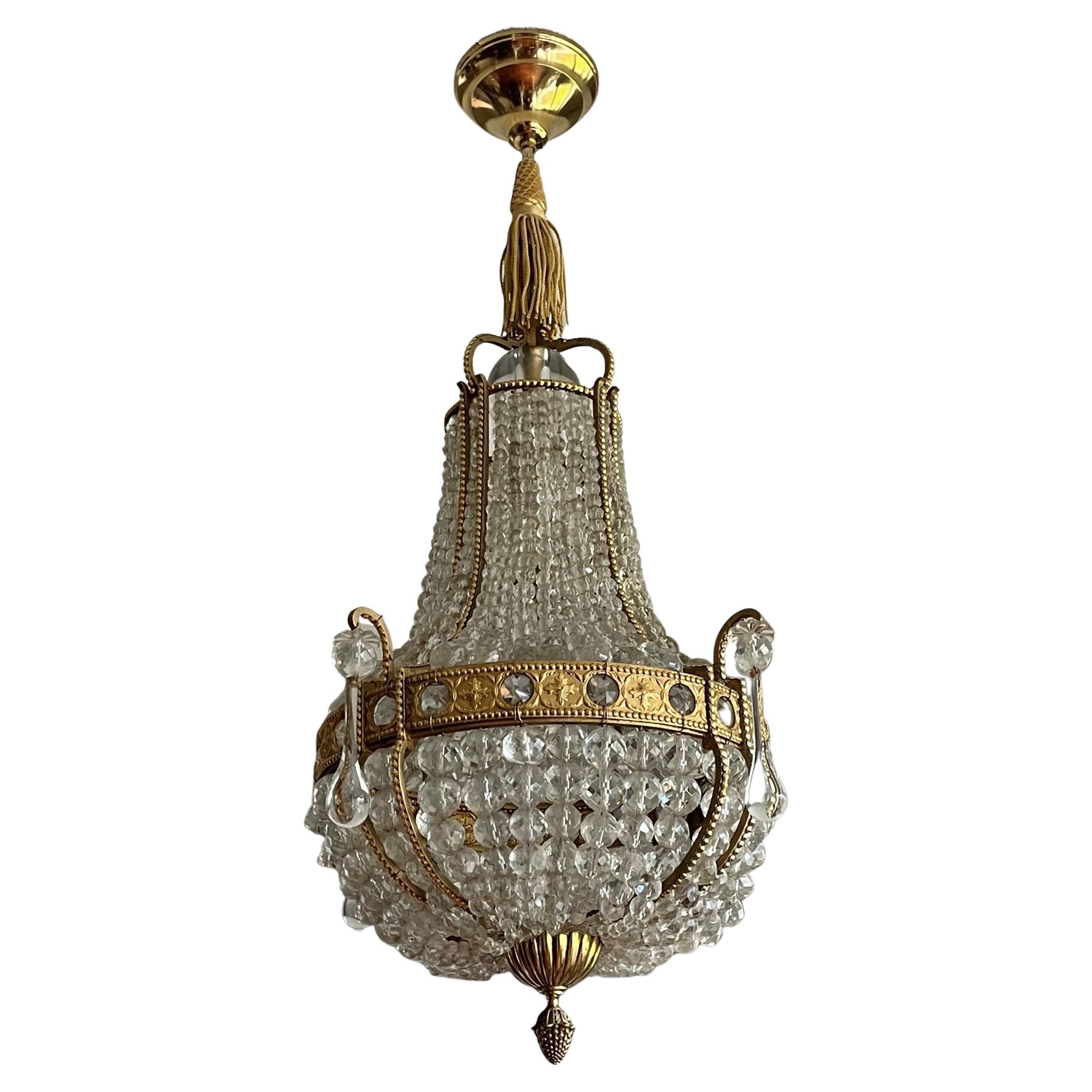 Antique French Gilt Brass and Beaded Crystal Glass Pendant Light / Flush Mount For Sale