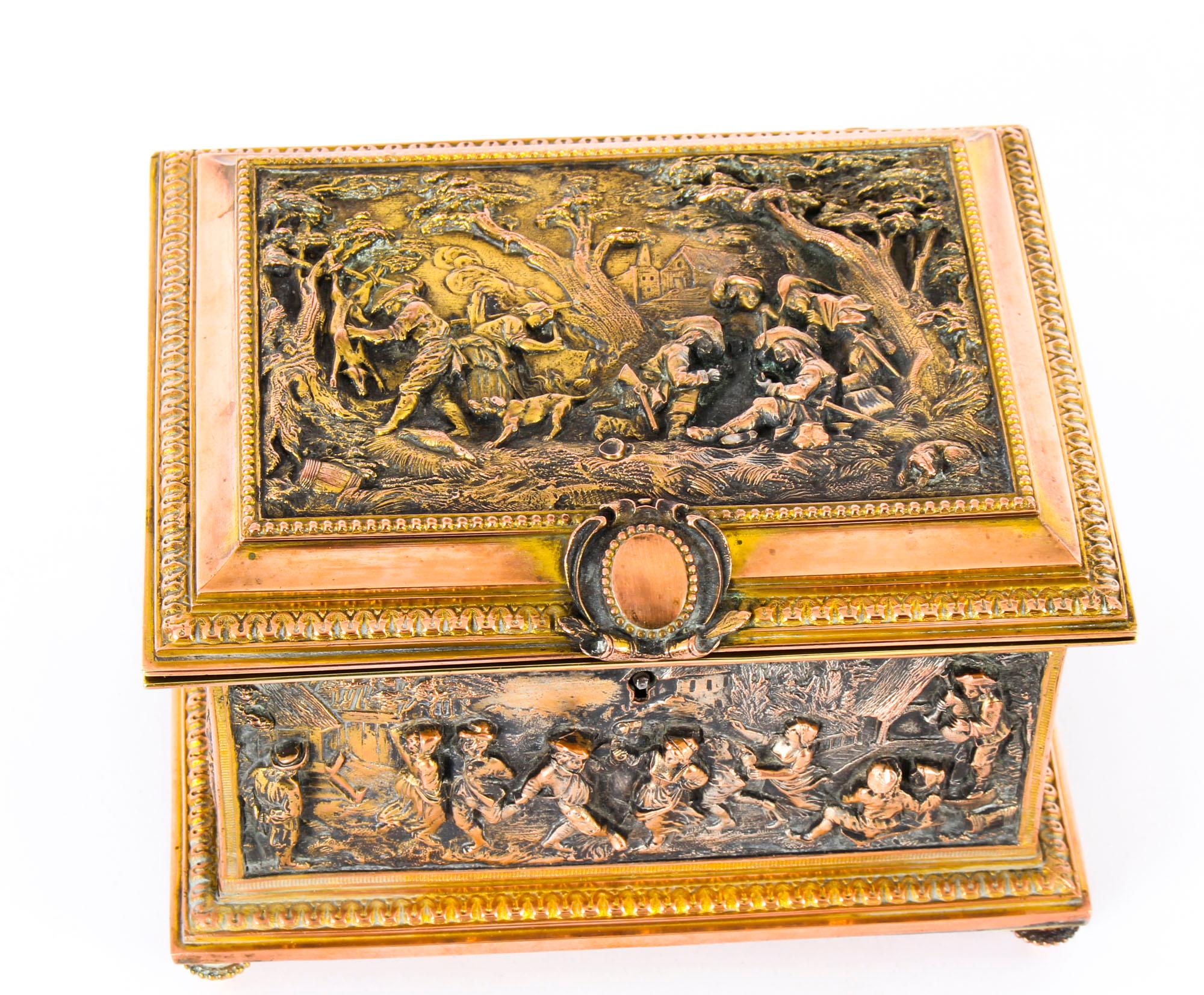 Antique French Gilt Brass and Bronze Jewellery Box Casket, AB Paris 19th Century 4