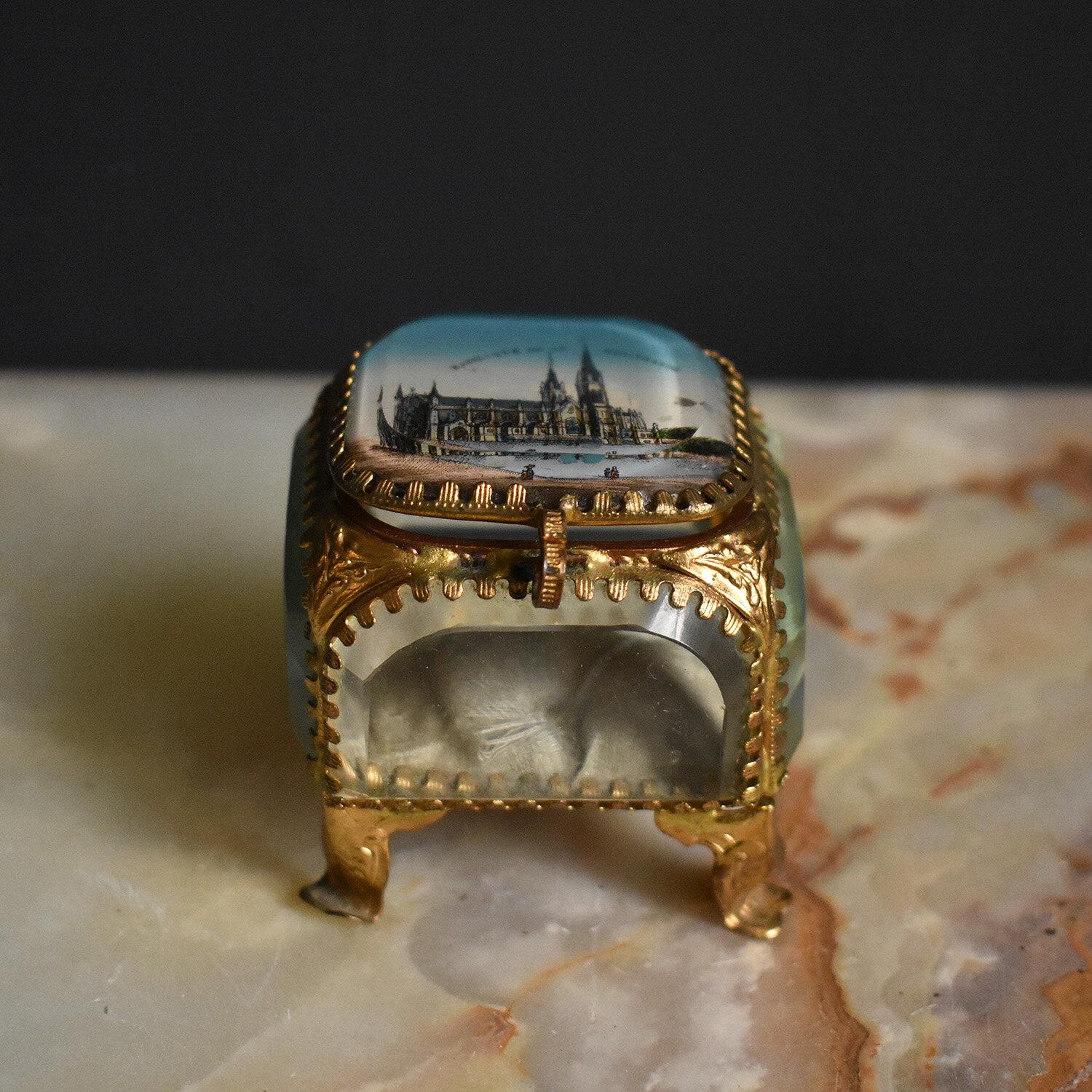 Antique French Gilt Brass and Cut Glass Souvenir Jewellery Casket, 19th Century For Sale 1
