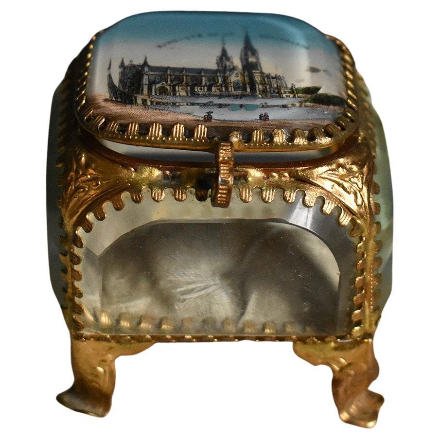 Antique French Gilt Brass and Cut Glass Souvenir Jewellery Casket, 19th Century For Sale