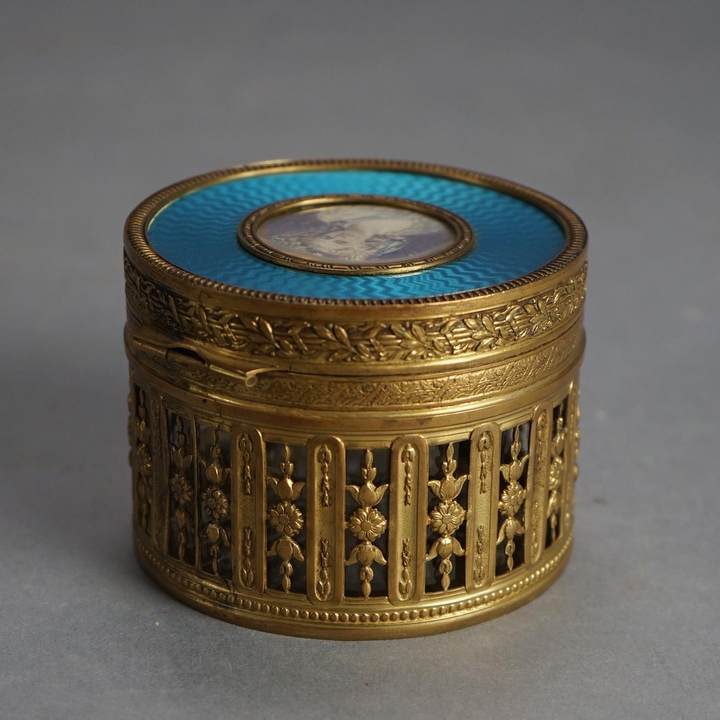 Antique French Gilt Brass & Guilloche Reticulated Portrait Powder Box, 19thC In Good Condition In Big Flats, NY